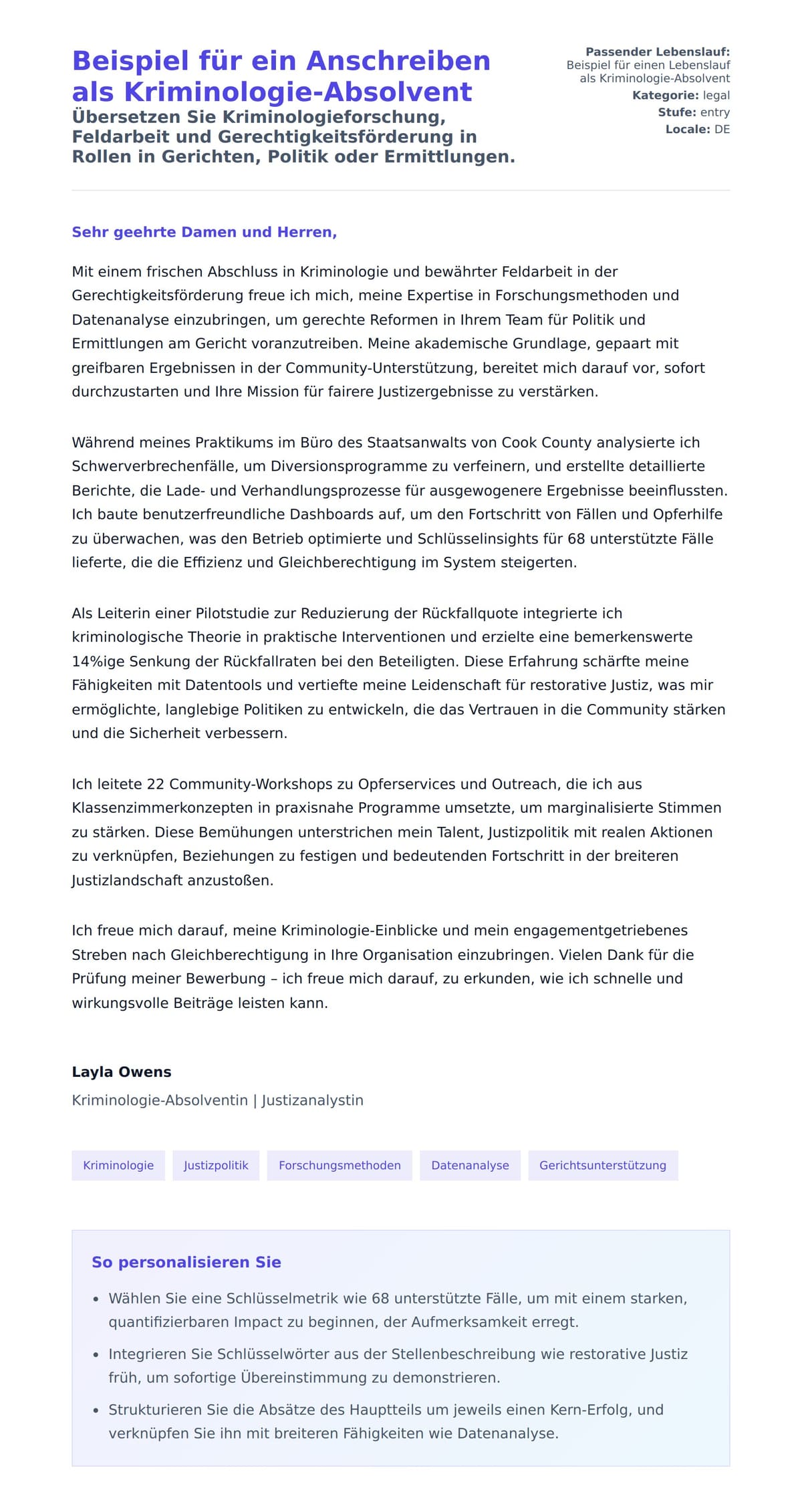 Anschreiben‑Vorschau für Beispiel für ein Anschreiben als Kriminologie-Absolvent