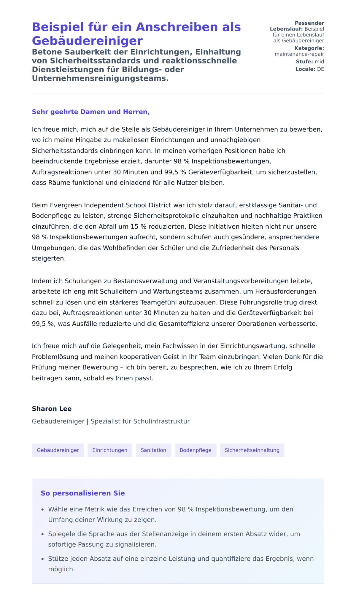 Anschreiben‑Vorschau für Beispiel für ein Anschreiben als Gebäudereiniger