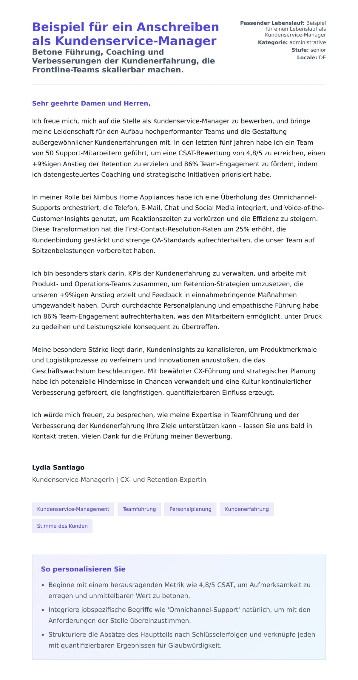 Anschreiben‑Vorschau für Beispiel für ein Anschreiben als Kundenservice-Manager