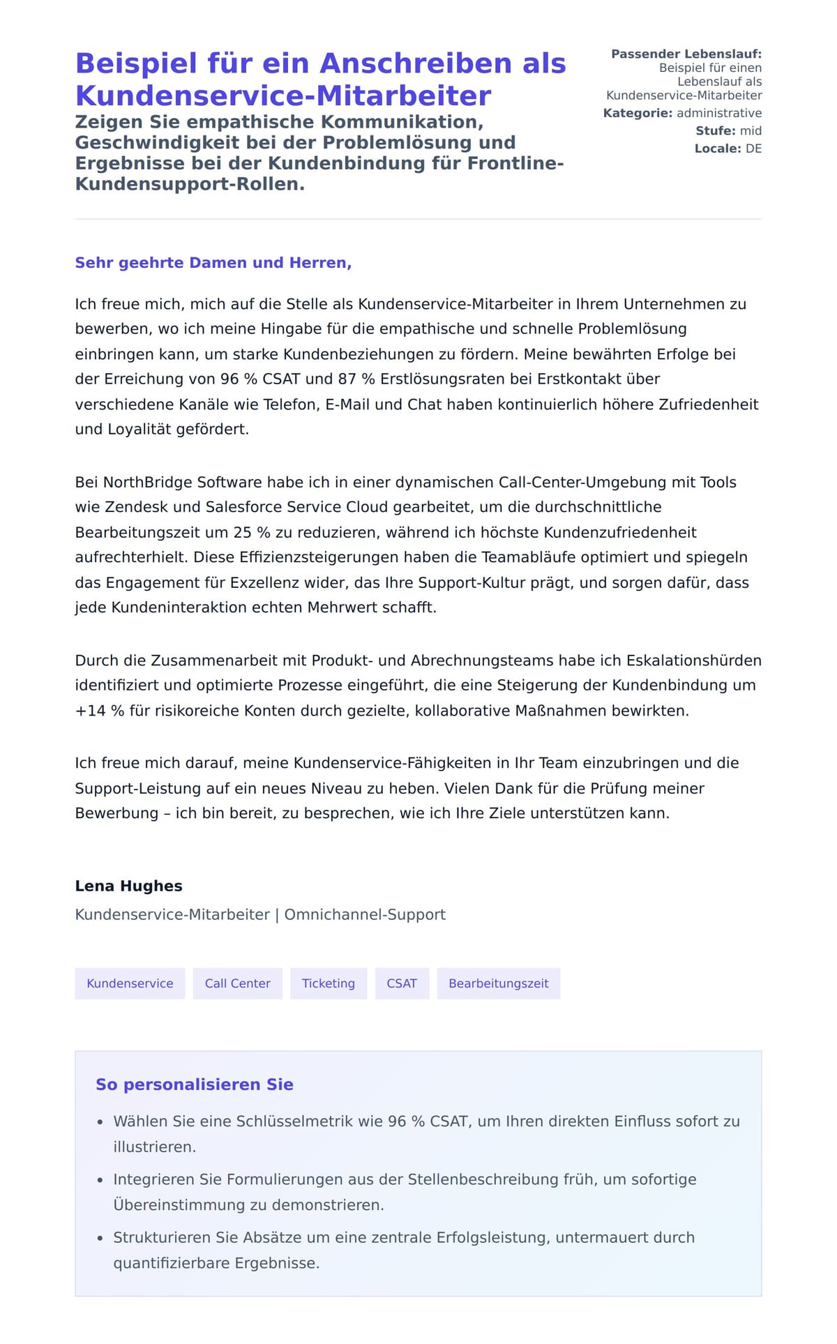 Anschreiben‑Vorschau für Beispiel für ein Anschreiben als Kundenservice-Mitarbeiter