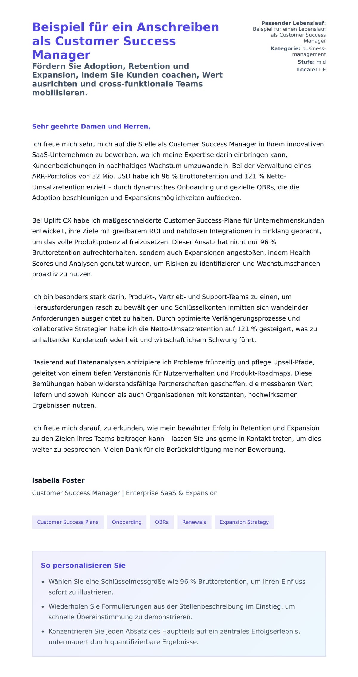 Anschreiben‑Vorschau für Beispiel für ein Anschreiben als Customer Success Manager