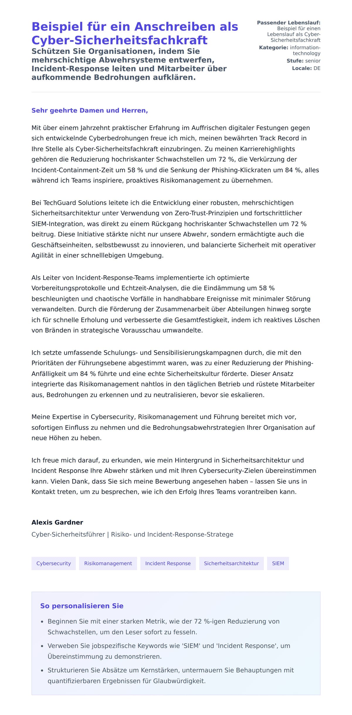 Anschreiben‑Vorschau für Beispiel für ein Anschreiben als Cyber-Sicherheitsfachkraft
