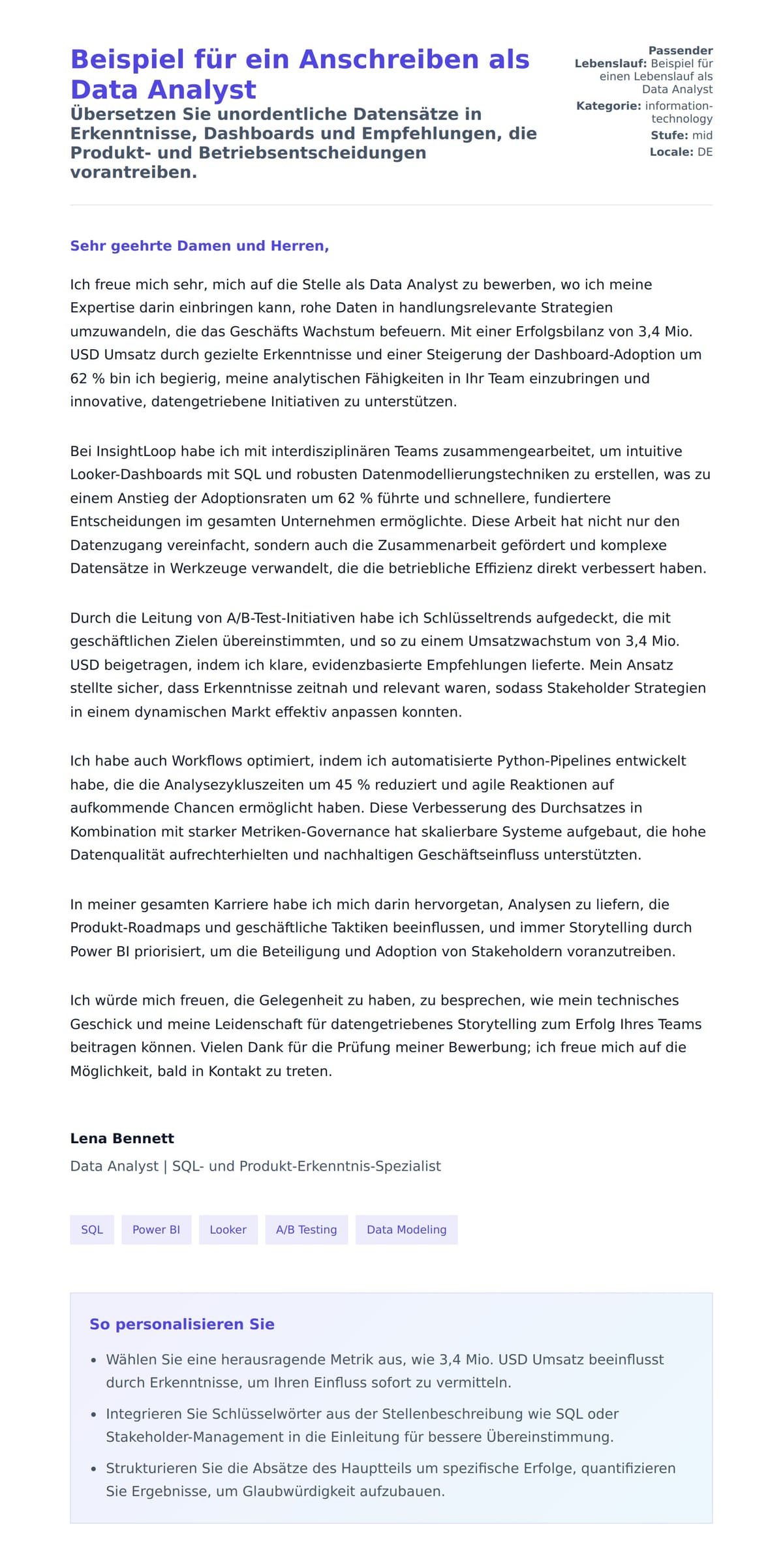 Anschreiben‑Vorschau für Beispiel für ein Anschreiben als Data Analyst