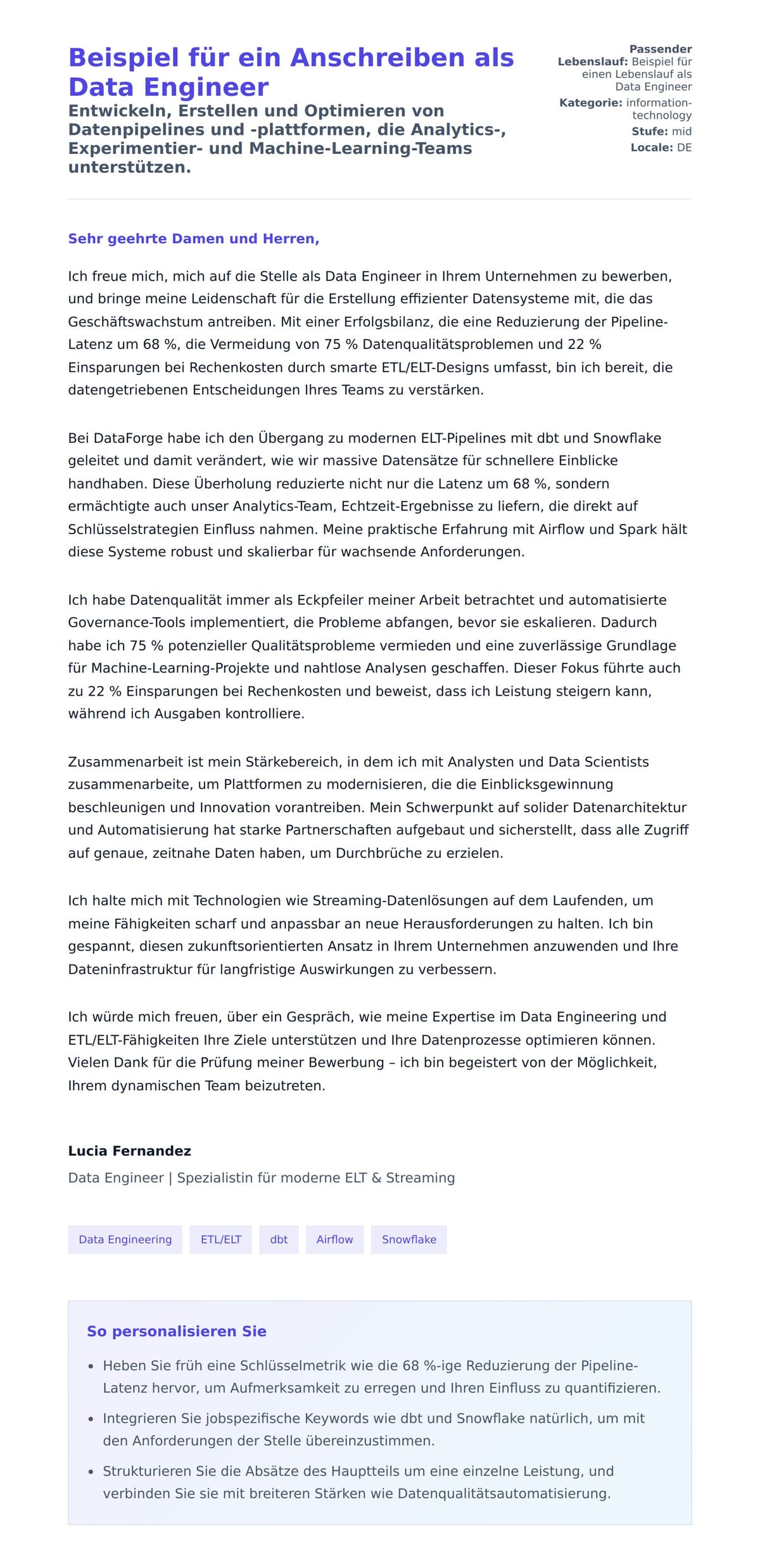 Anschreiben‑Vorschau für Beispiel für ein Anschreiben als Data Engineer