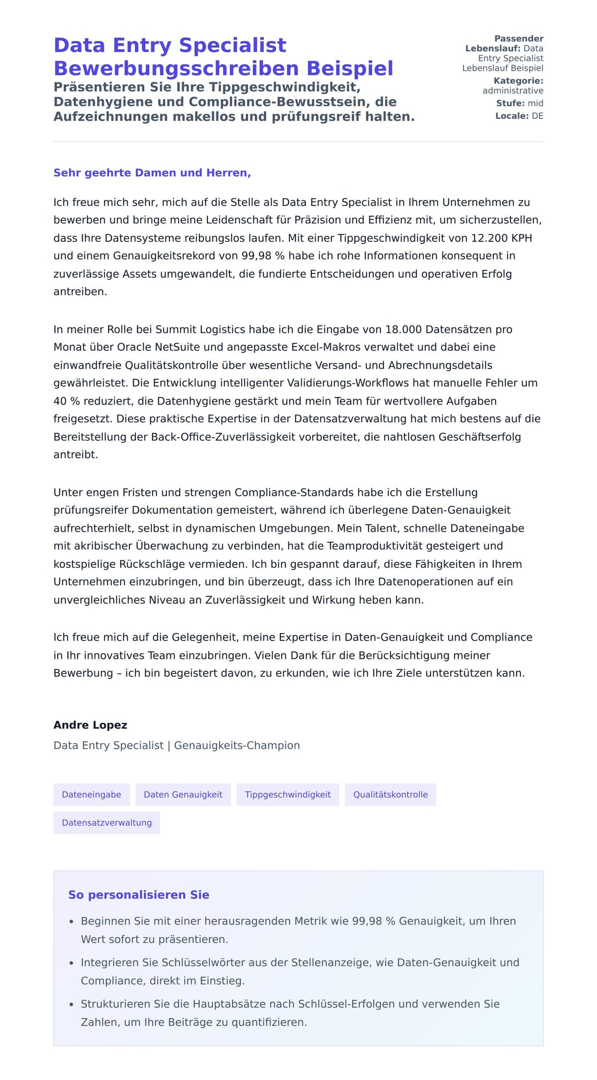 Anschreiben‑Vorschau für Data Entry Specialist Bewerbungsschreiben Beispiel