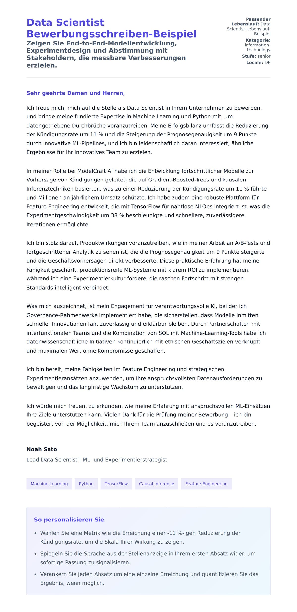 Anschreiben‑Vorschau für Data Scientist Bewerbungsschreiben-Beispiel