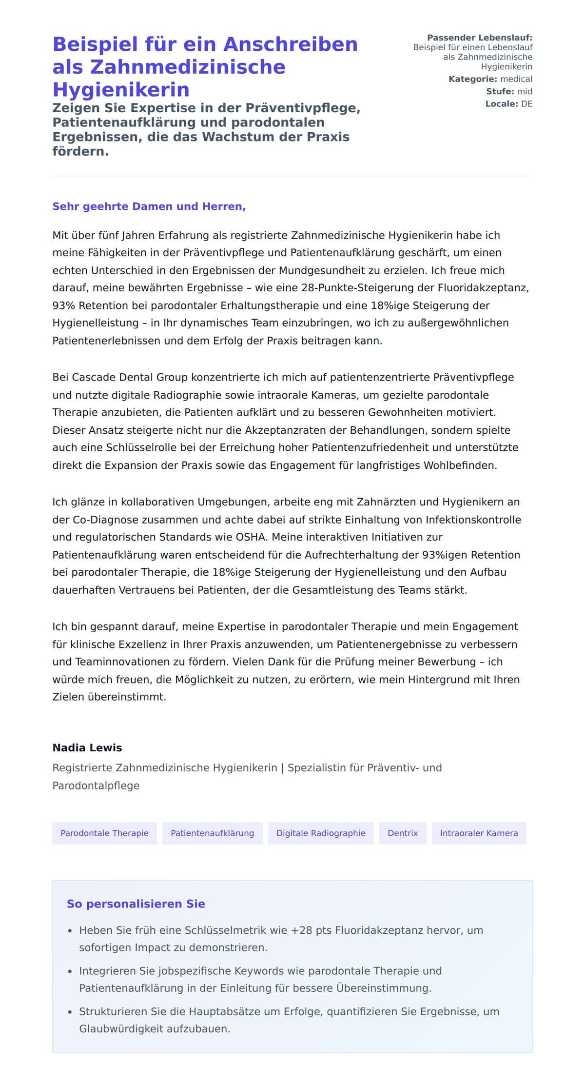 Anschreiben‑Vorschau für Beispiel für ein Anschreiben als Zahnmedizinische Hygienikerin
