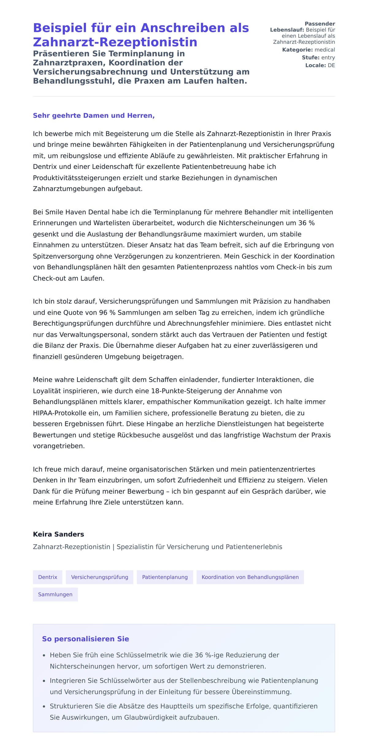 Anschreiben‑Vorschau für Beispiel für ein Anschreiben als Zahnarzt-Rezeptionistin
