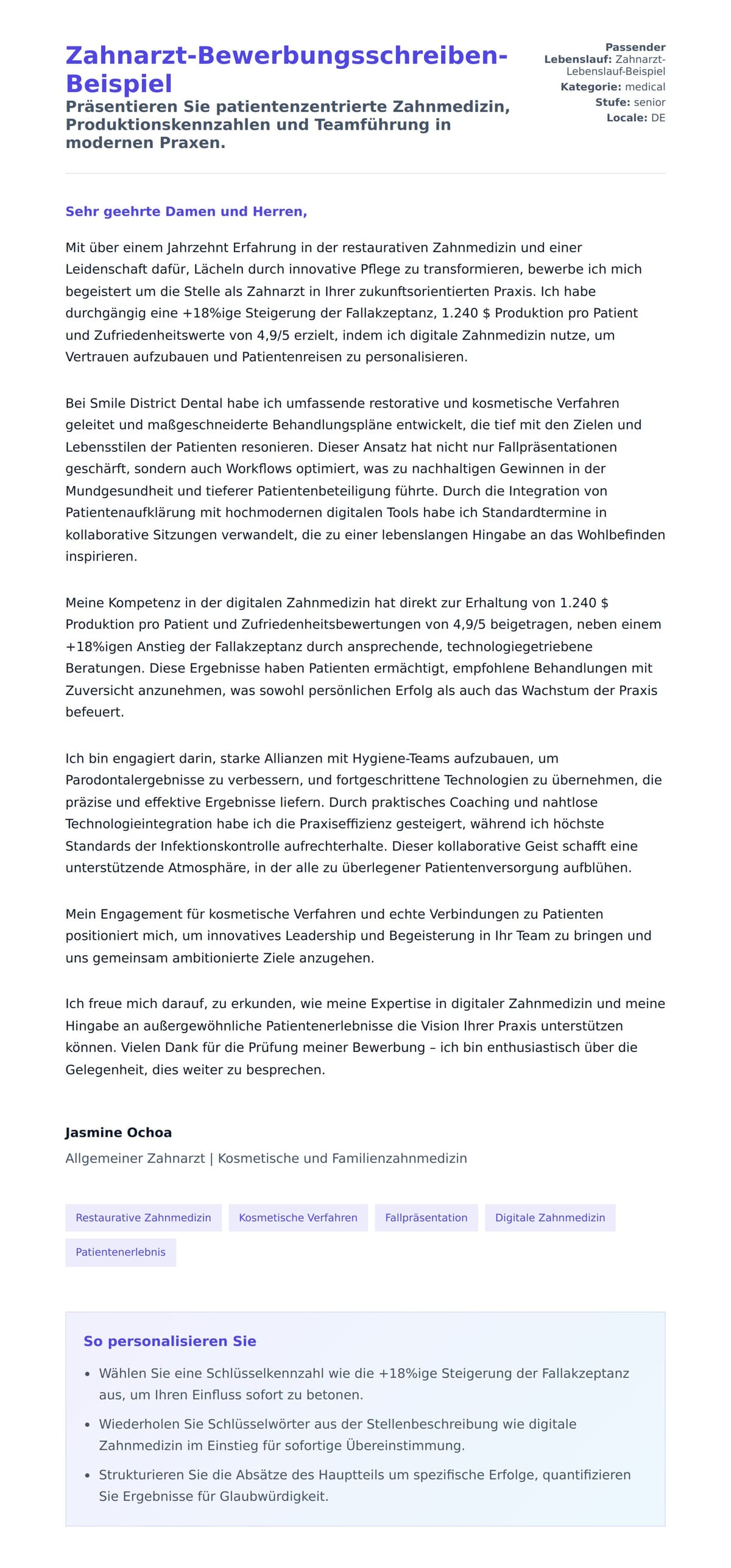Anschreiben‑Vorschau für Zahnarzt-Bewerbungsschreiben-Beispiel