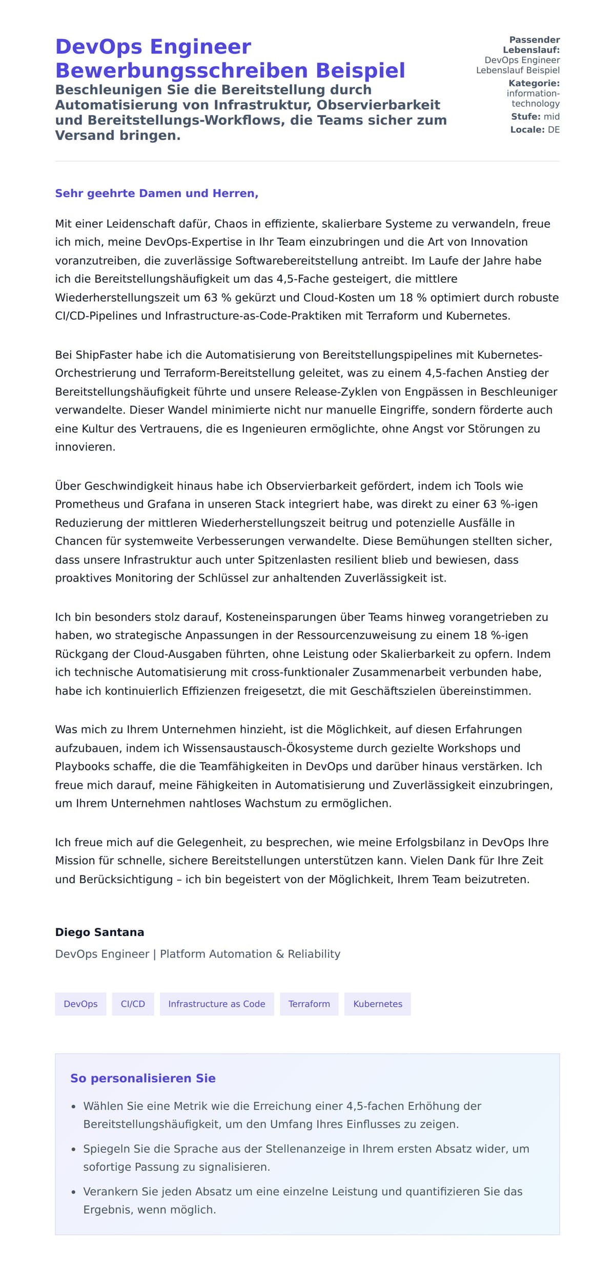 Anschreiben‑Vorschau für DevOps Engineer Bewerbungsschreiben Beispiel