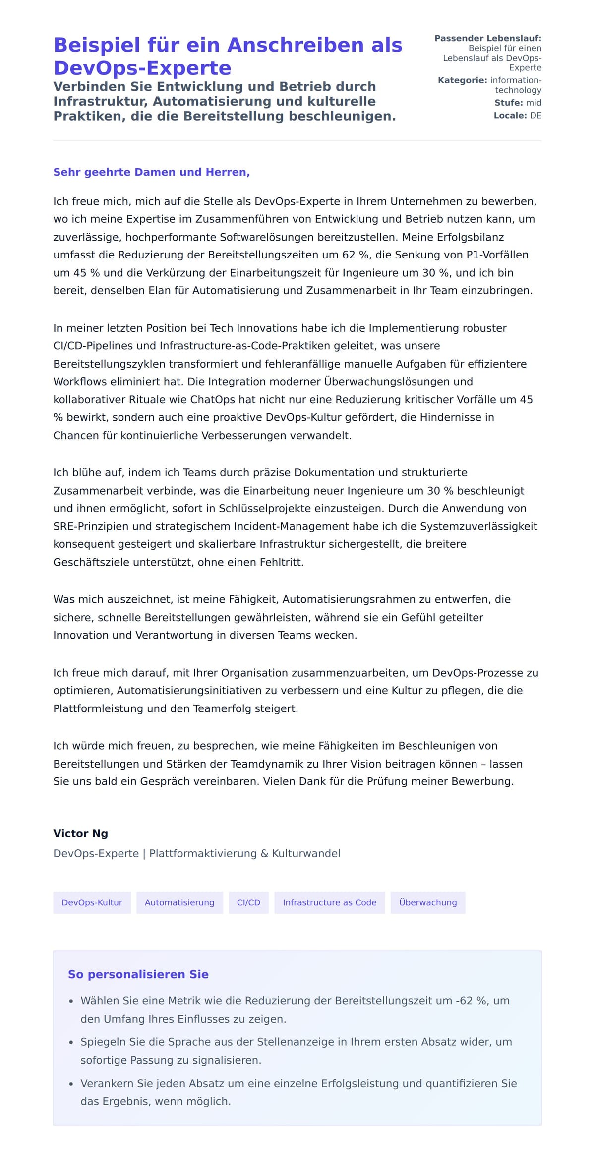 Anschreiben‑Vorschau für Beispiel für ein Anschreiben als DevOps-Experte