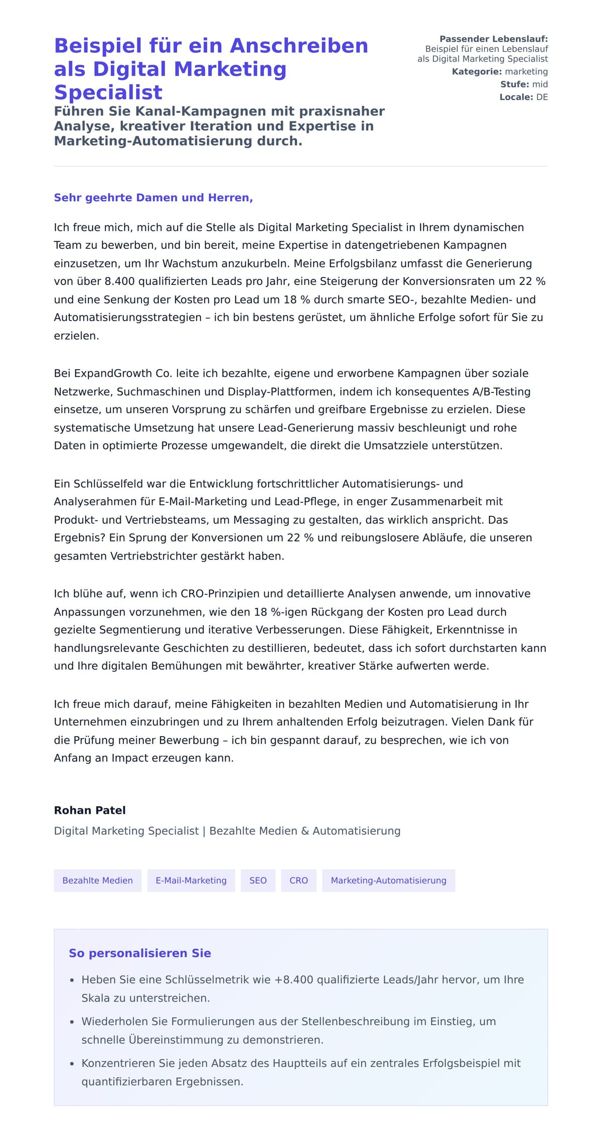 Anschreiben‑Vorschau für Beispiel für ein Anschreiben als Digital Marketing Specialist