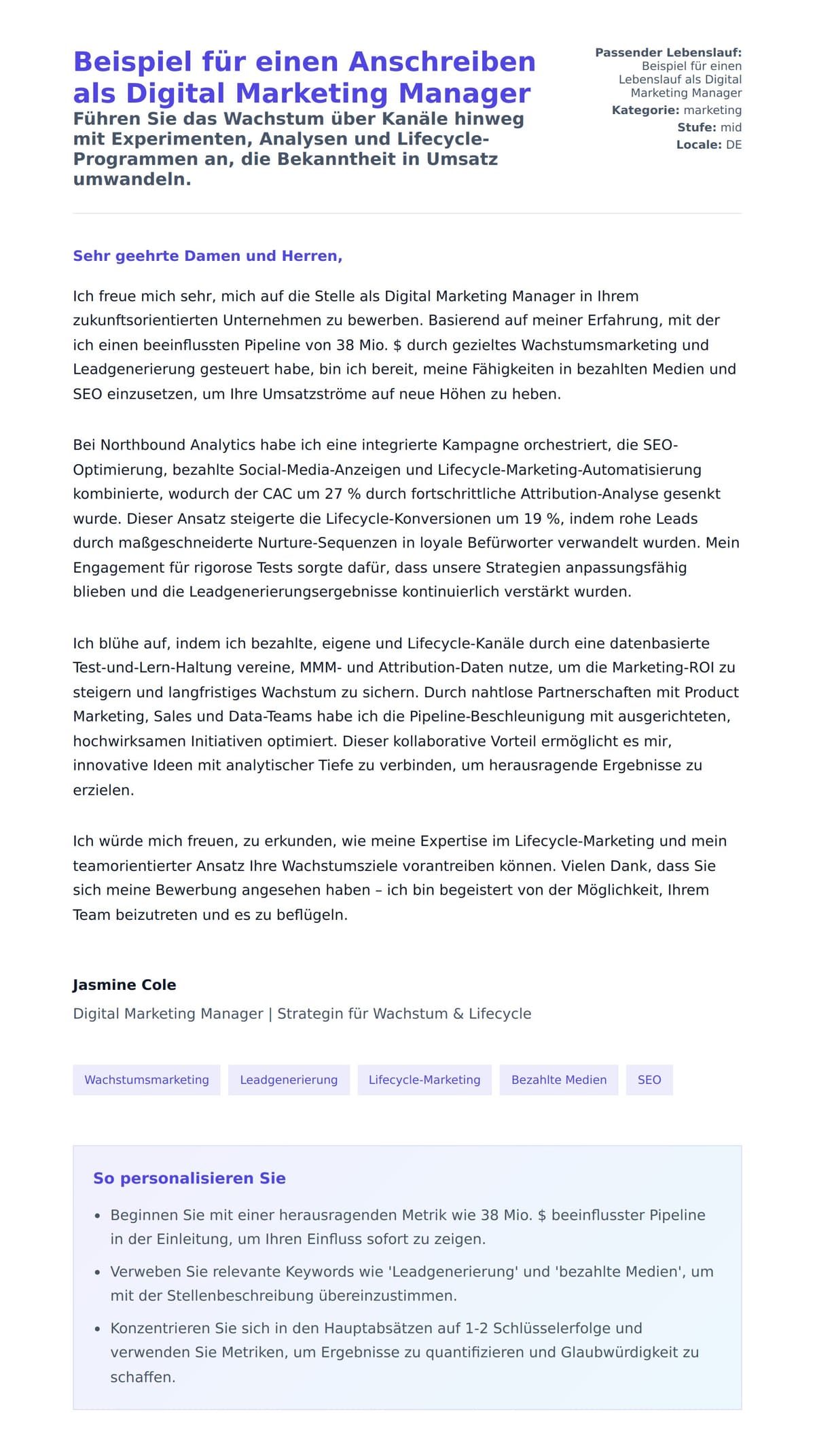 Anschreiben‑Vorschau für Beispiel für einen Anschreiben als Digital Marketing Manager