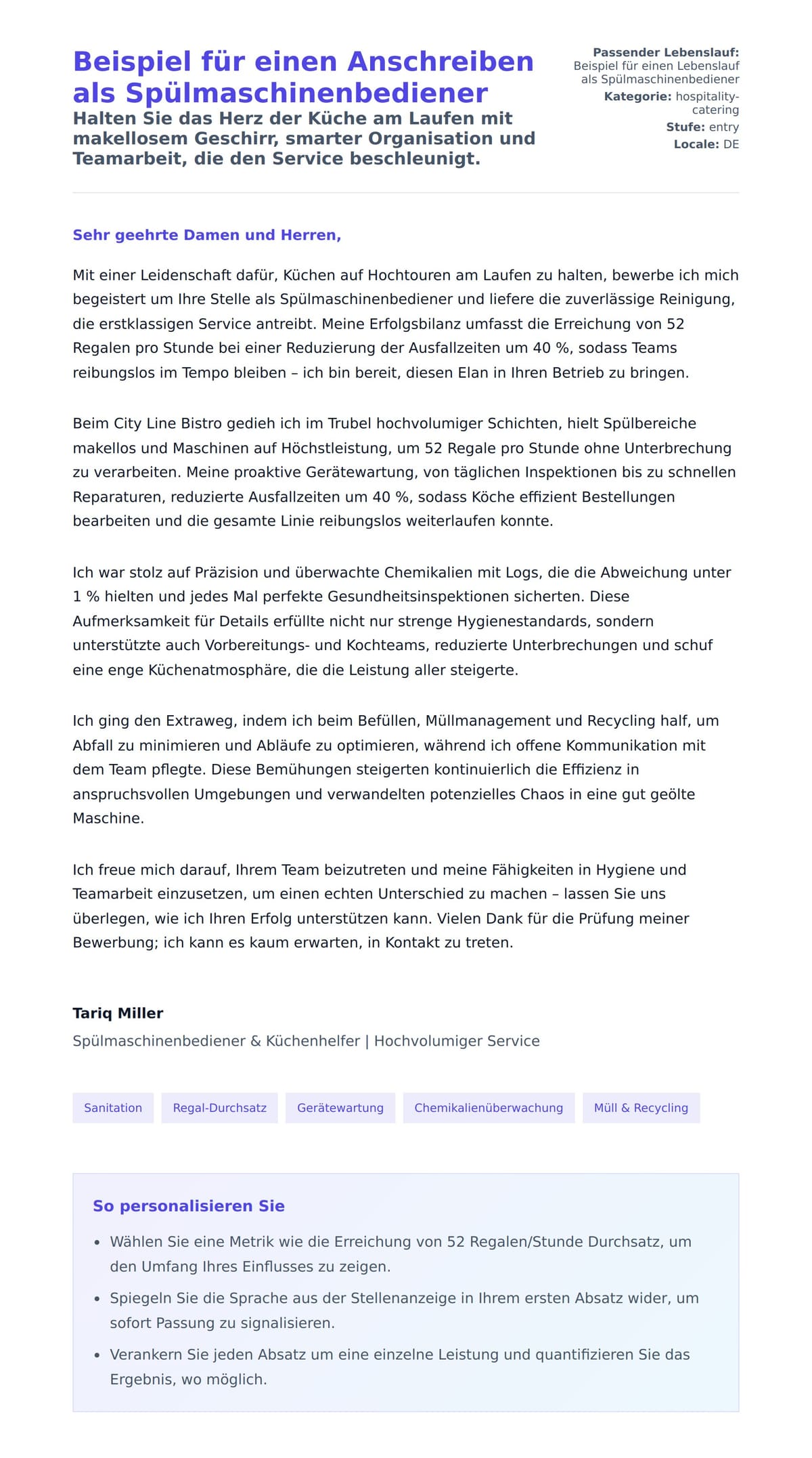 Anschreiben‑Vorschau für Beispiel für einen Anschreiben als Spülmaschinenbediener