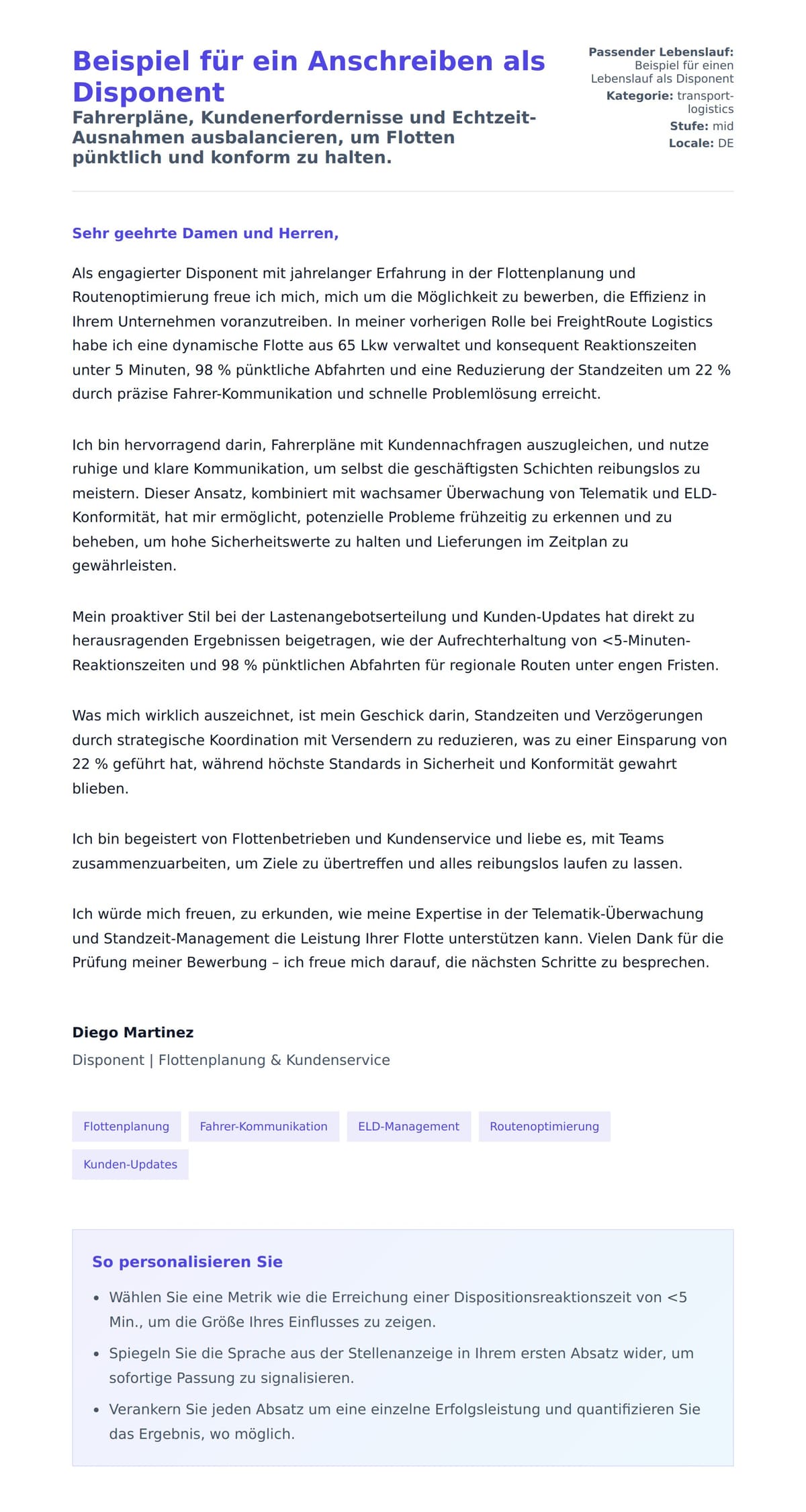 Anschreiben‑Vorschau für Beispiel für ein Anschreiben als Disponent