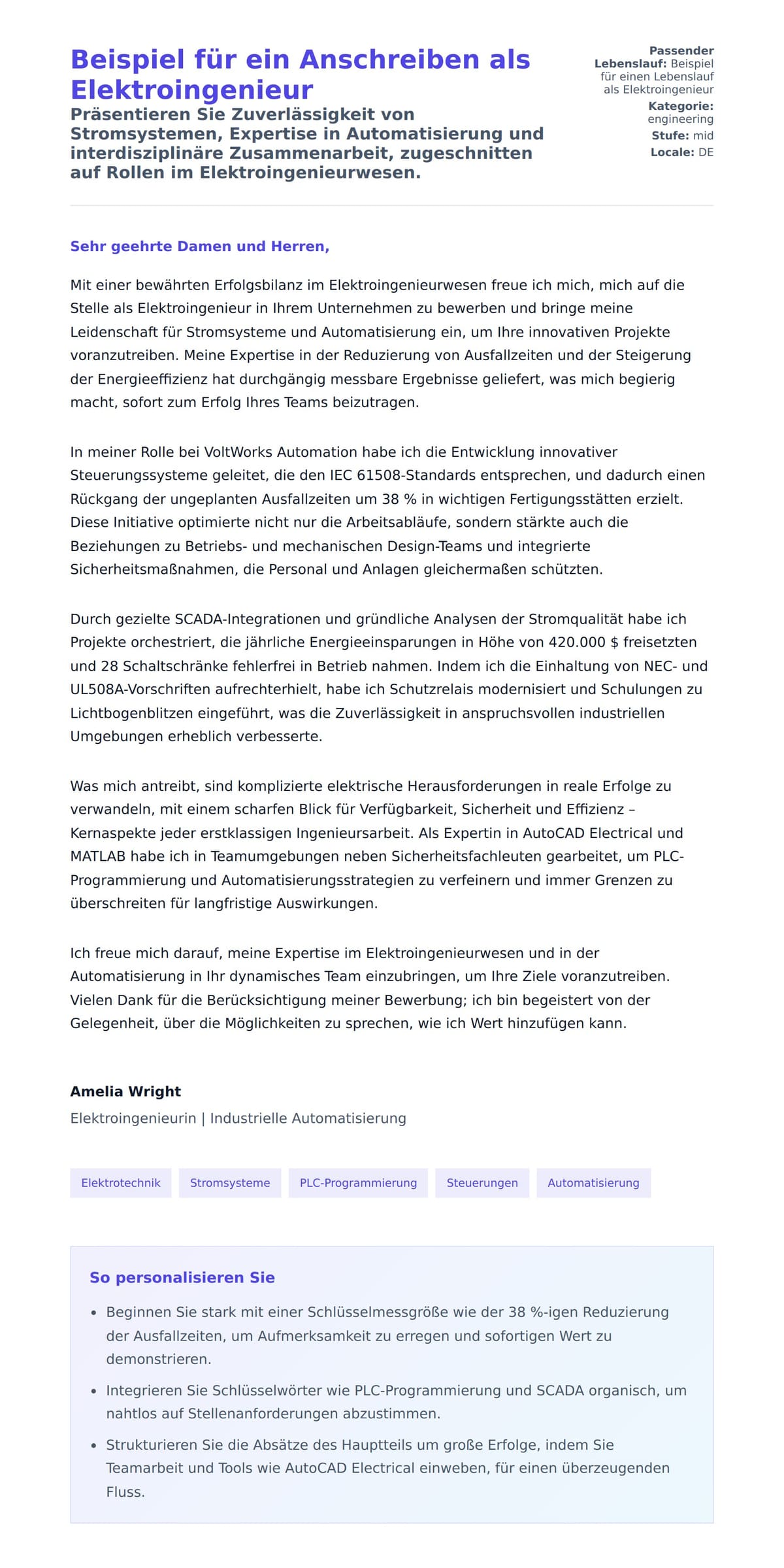 Anschreiben‑Vorschau für Beispiel für ein Anschreiben als Elektroingenieur