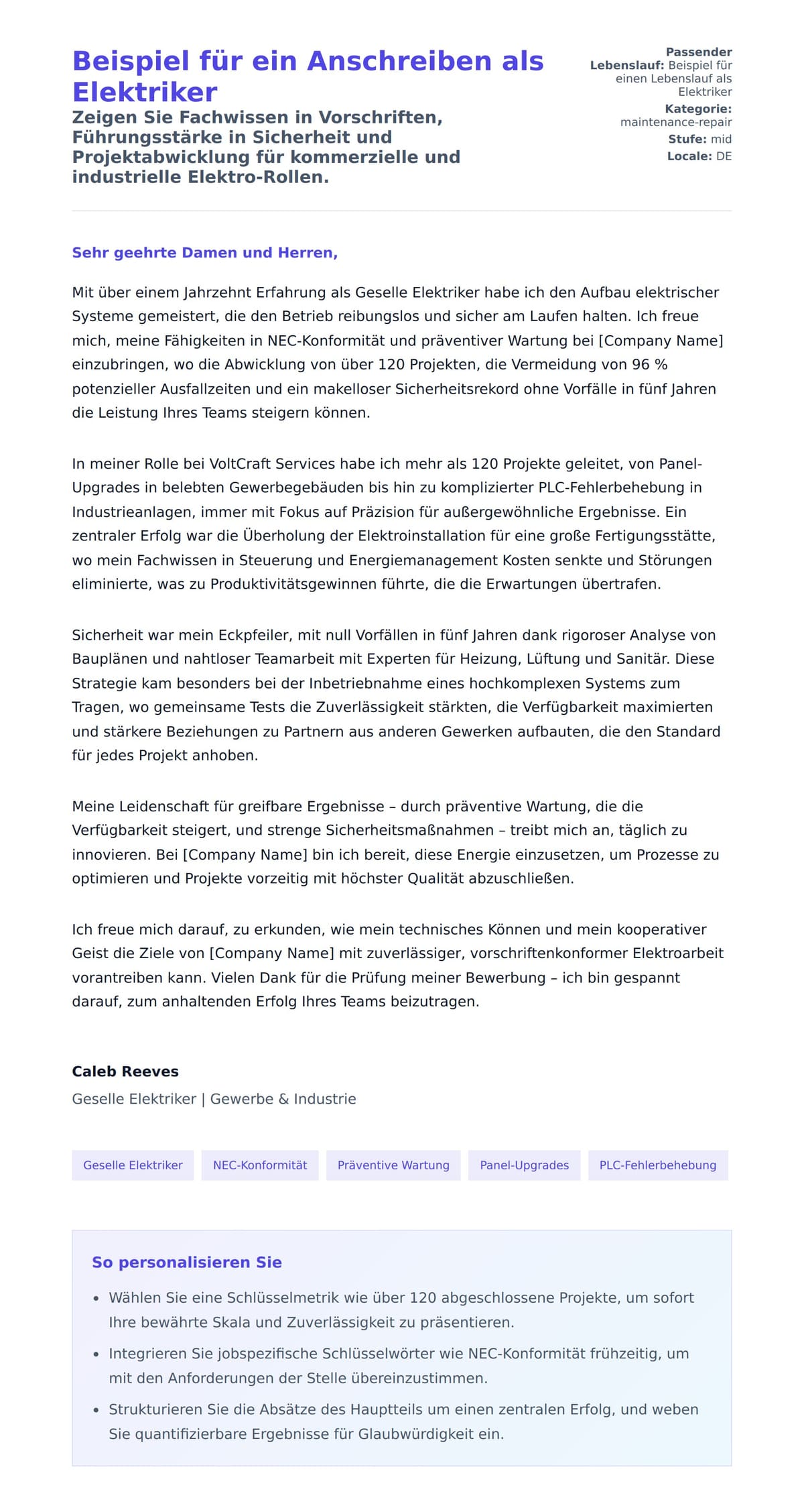 Anschreiben‑Vorschau für Beispiel für ein Anschreiben als Elektriker