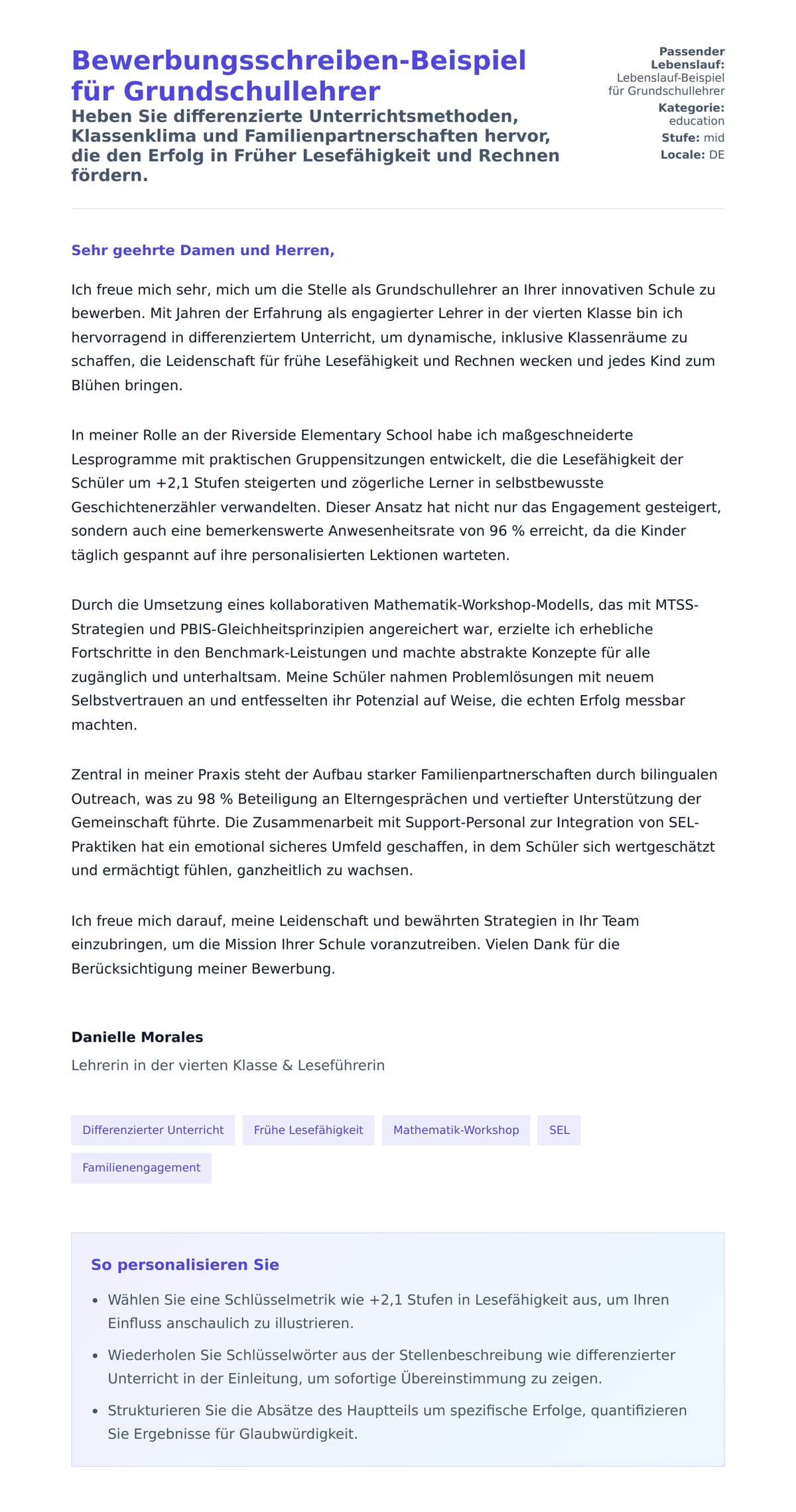 Anschreiben‑Vorschau für Bewerbungsschreiben-Beispiel für Grundschullehrer