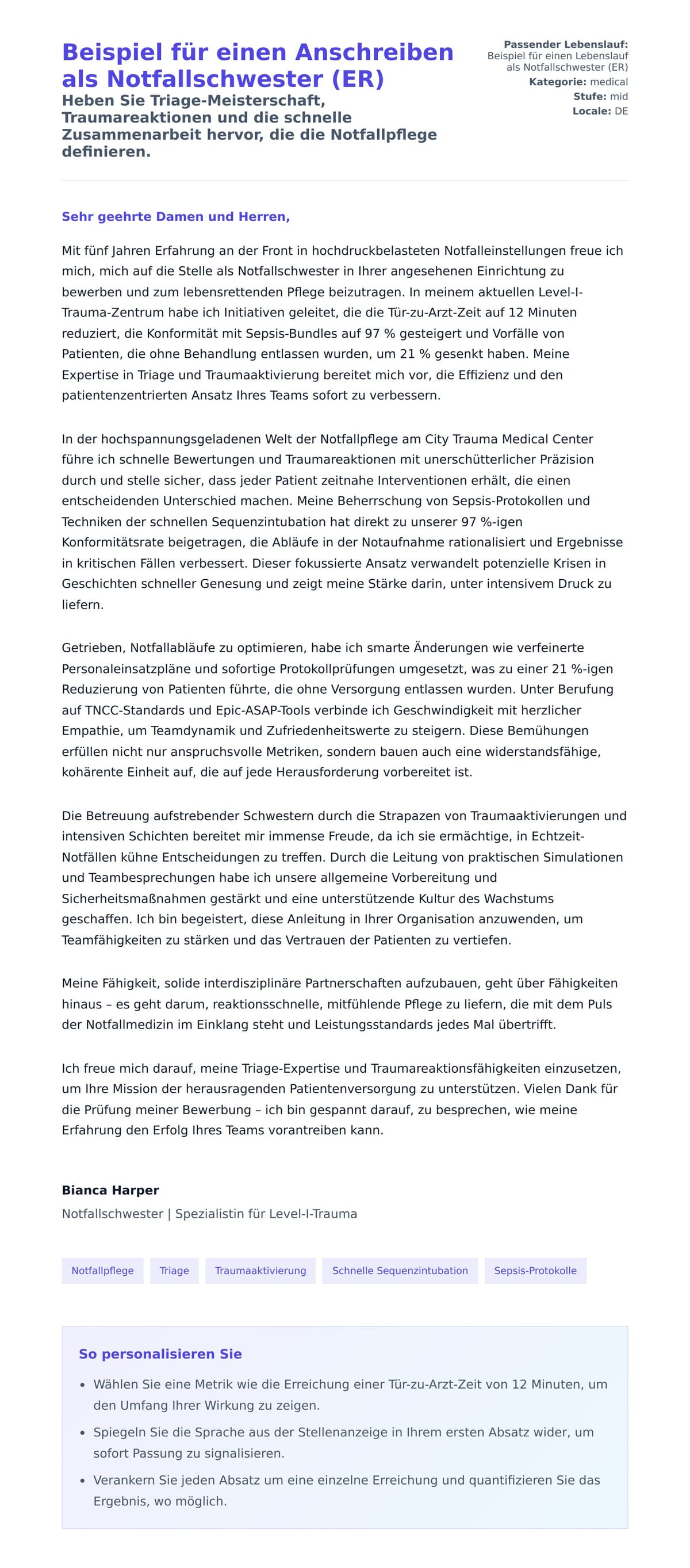 Anschreiben‑Vorschau für Beispiel für einen Anschreiben als Notfallschwester (ER)