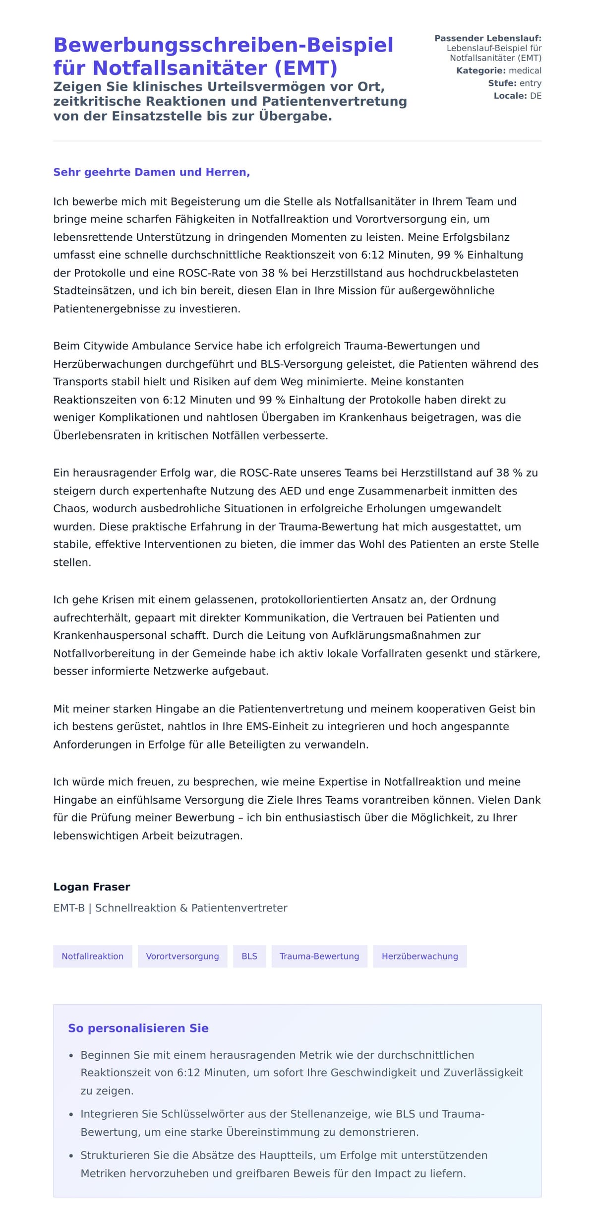 Anschreiben‑Vorschau für Bewerbungsschreiben-Beispiel für Notfallsanitäter (EMT)