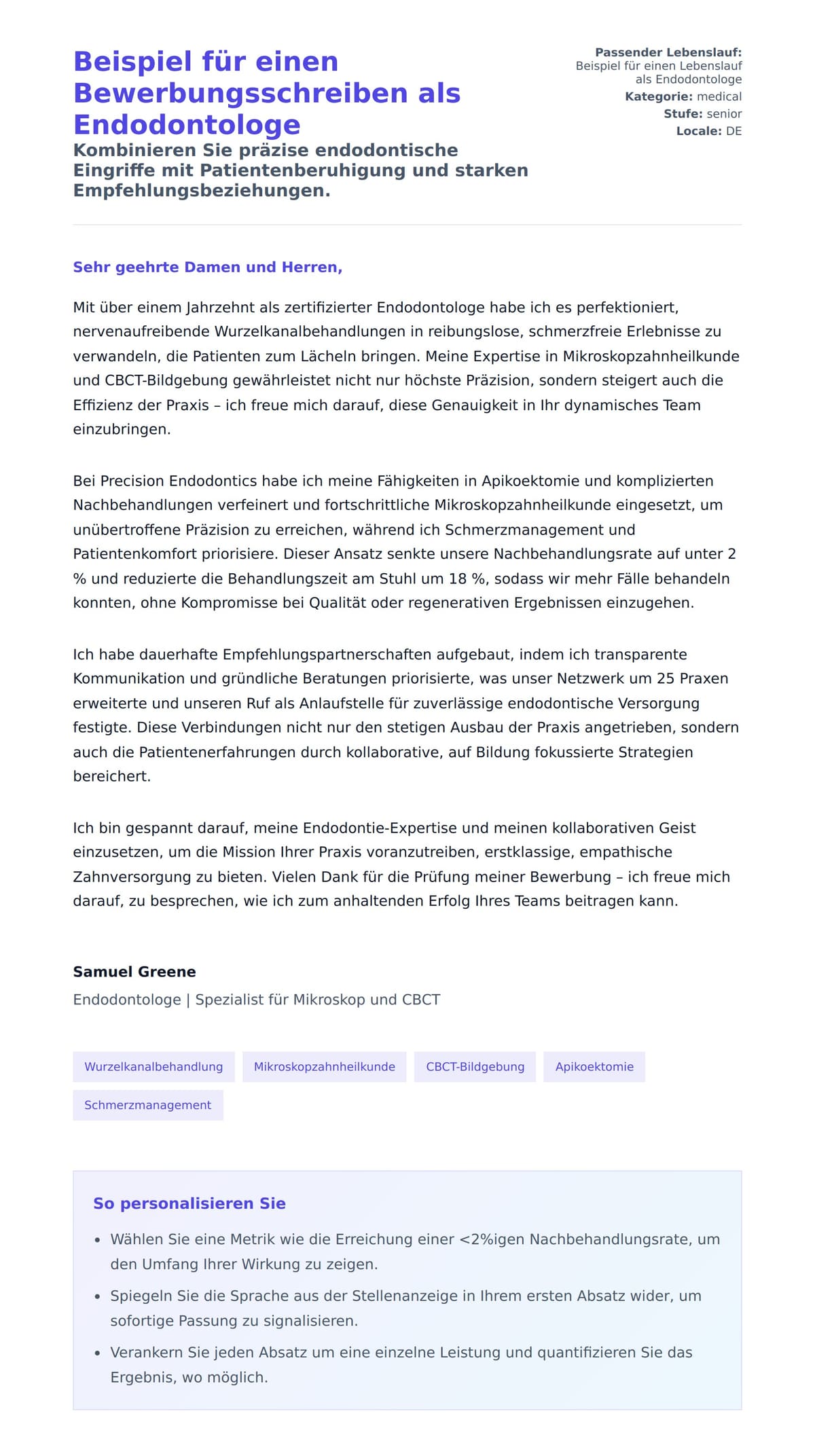 Anschreiben‑Vorschau für Beispiel für einen Bewerbungsschreiben als Endodontologe