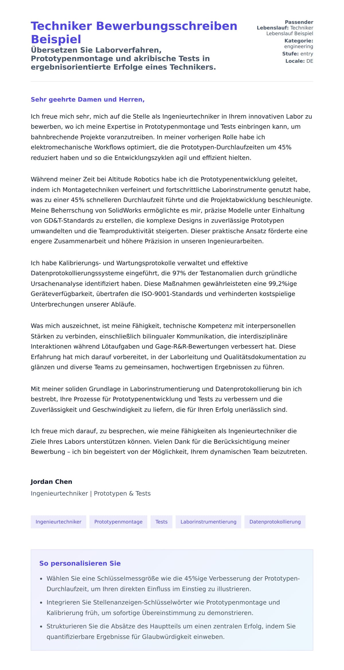 Anschreiben‑Vorschau für Techniker Bewerbungsschreiben Beispiel