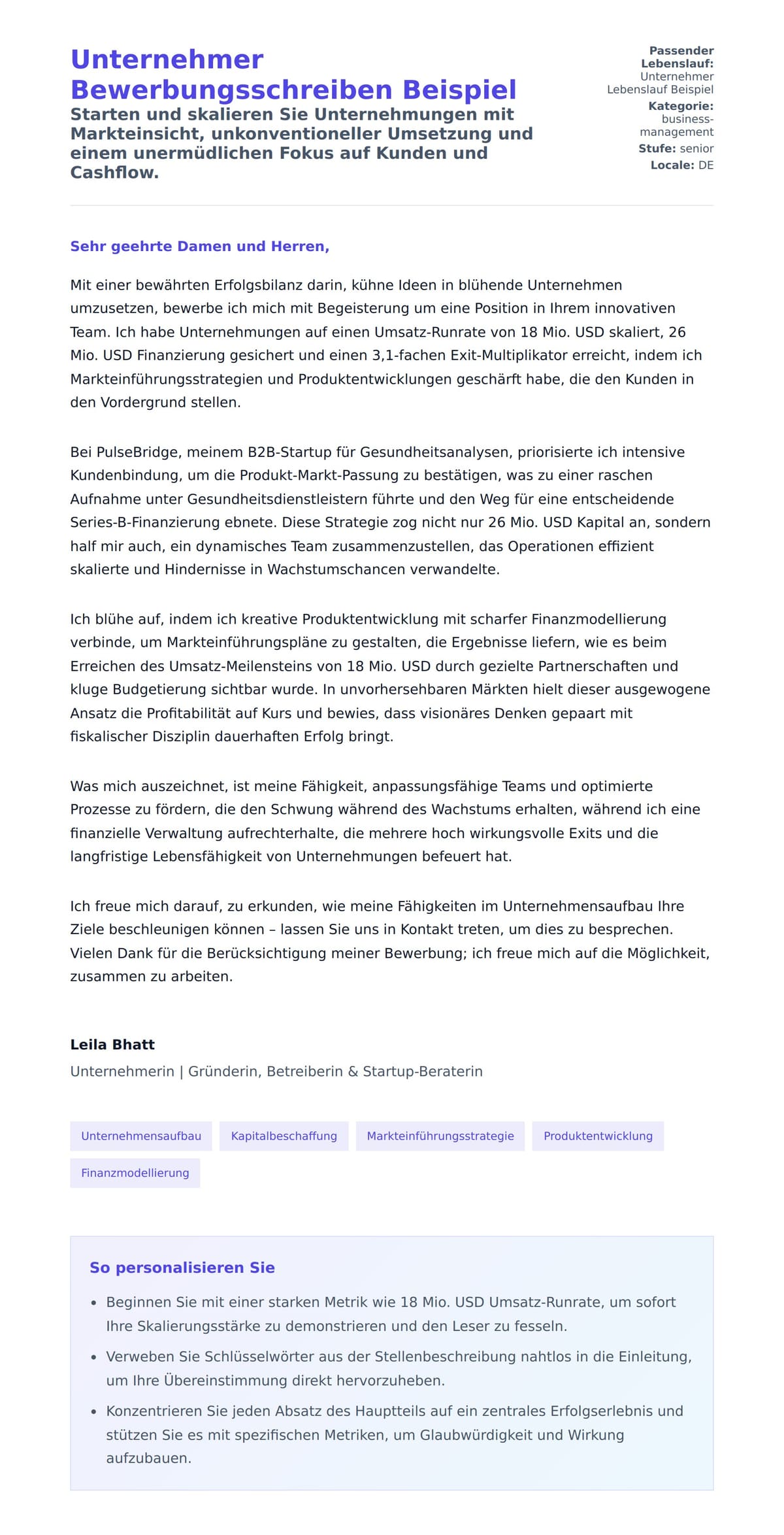 Anschreiben‑Vorschau für Unternehmer Bewerbungsschreiben Beispiel