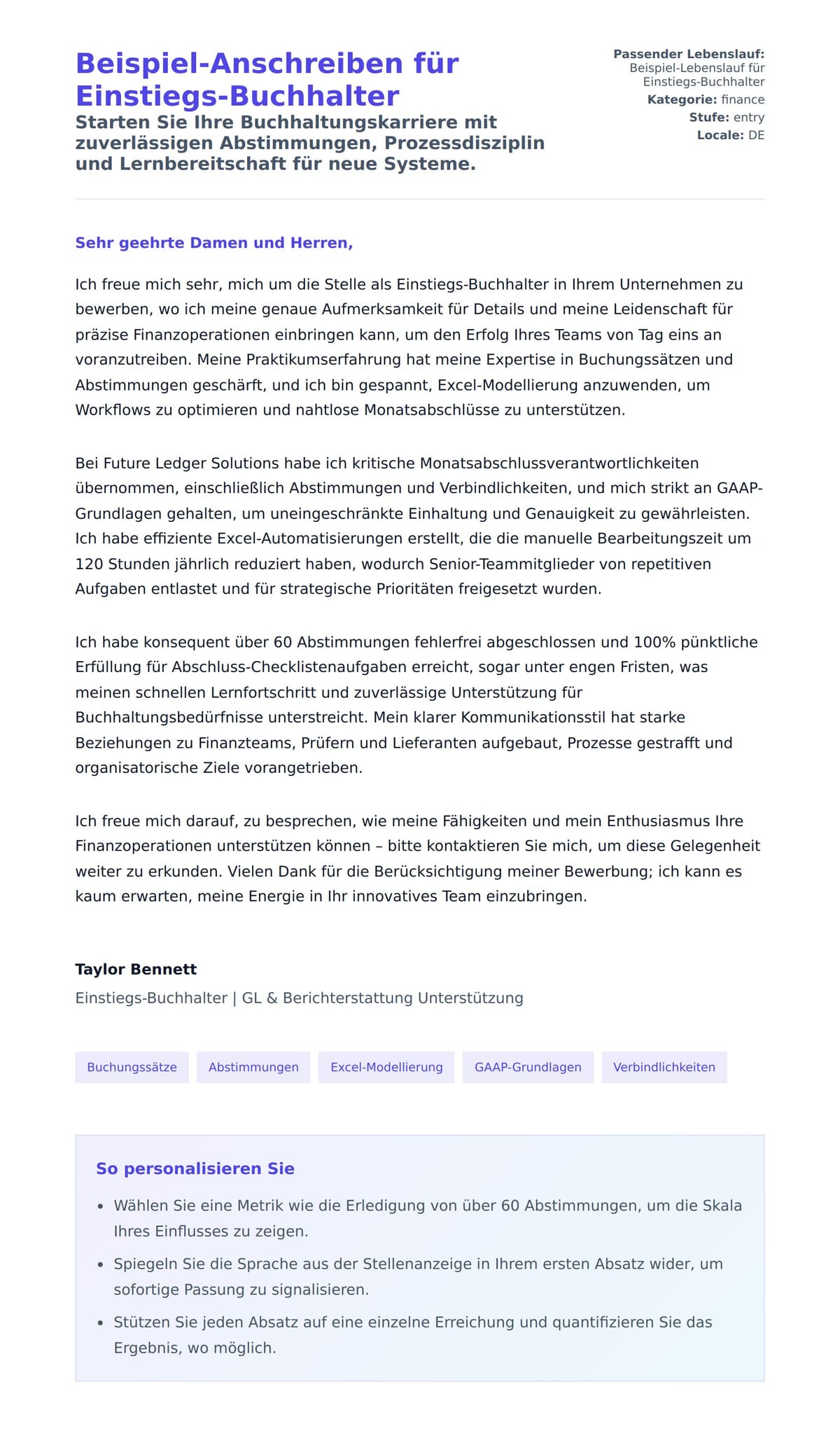Anschreiben‑Vorschau für Beispiel-Anschreiben für Einstiegs-Buchhalter