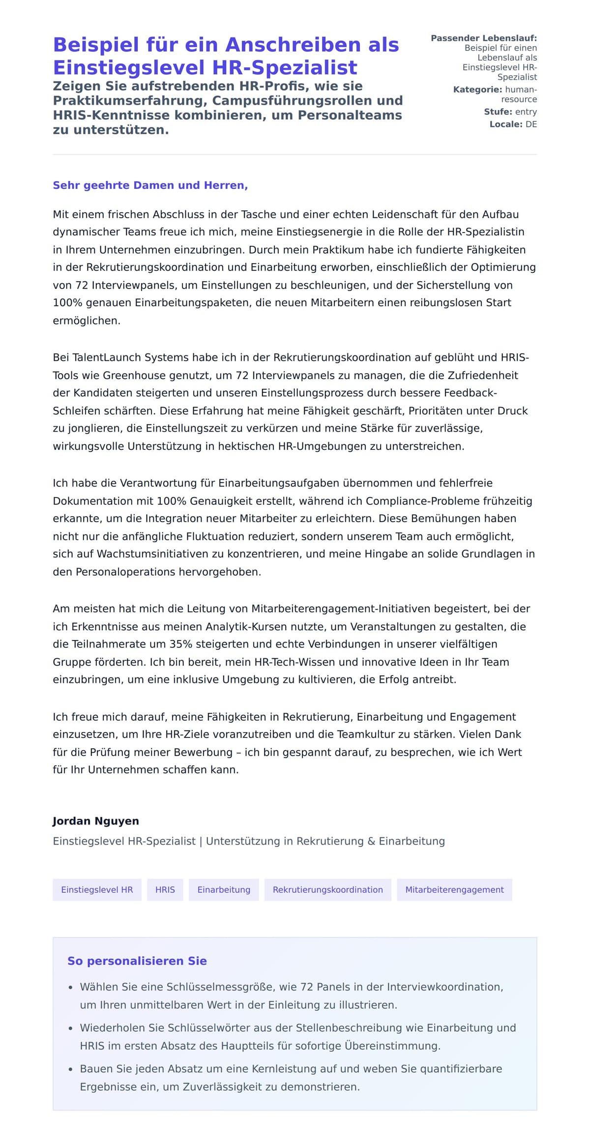 Anschreiben‑Vorschau für Beispiel für ein Anschreiben als Einstiegslevel HR-Spezialist