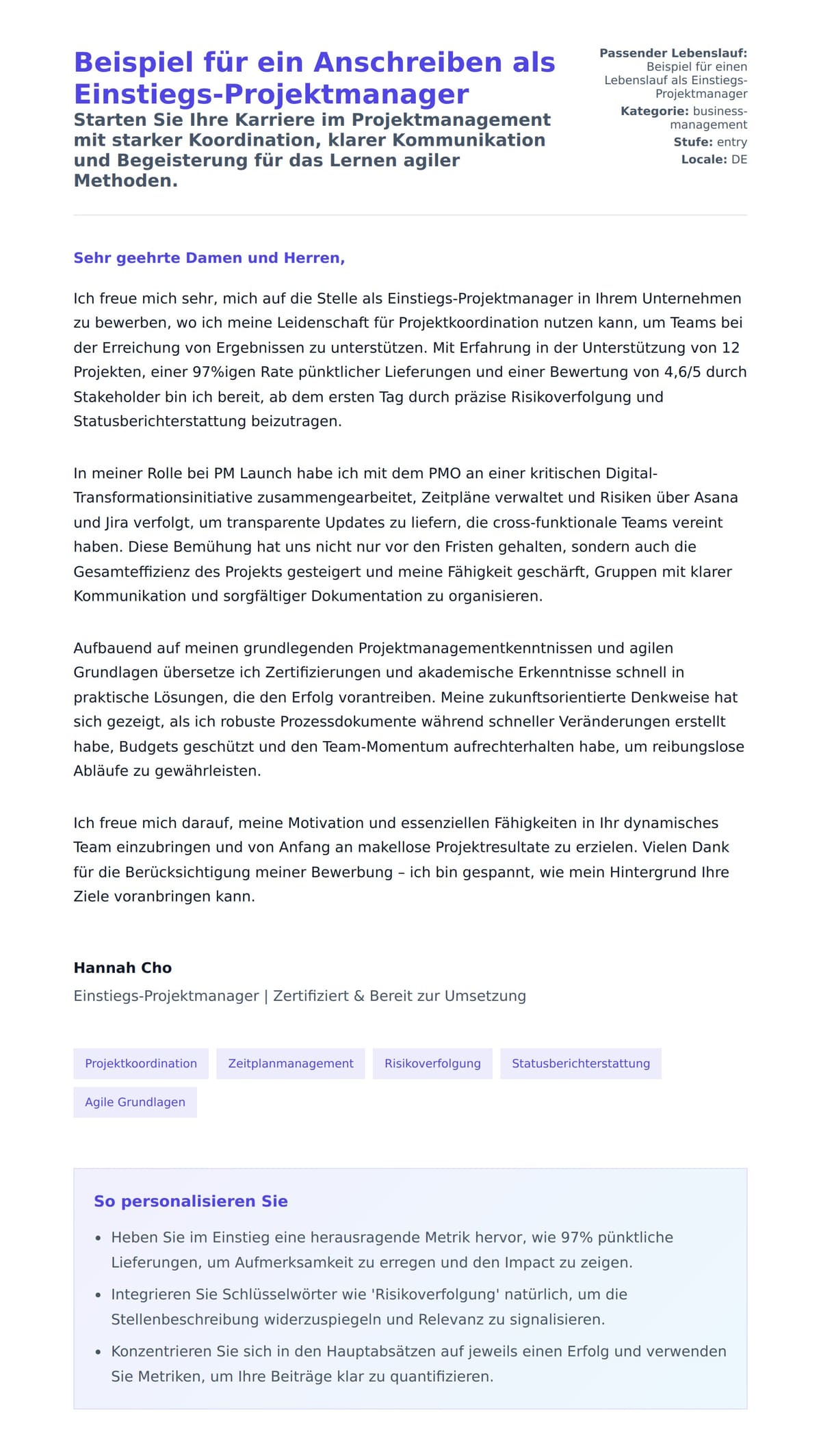 Anschreiben‑Vorschau für Beispiel für ein Anschreiben als Einstiegs-Projektmanager
