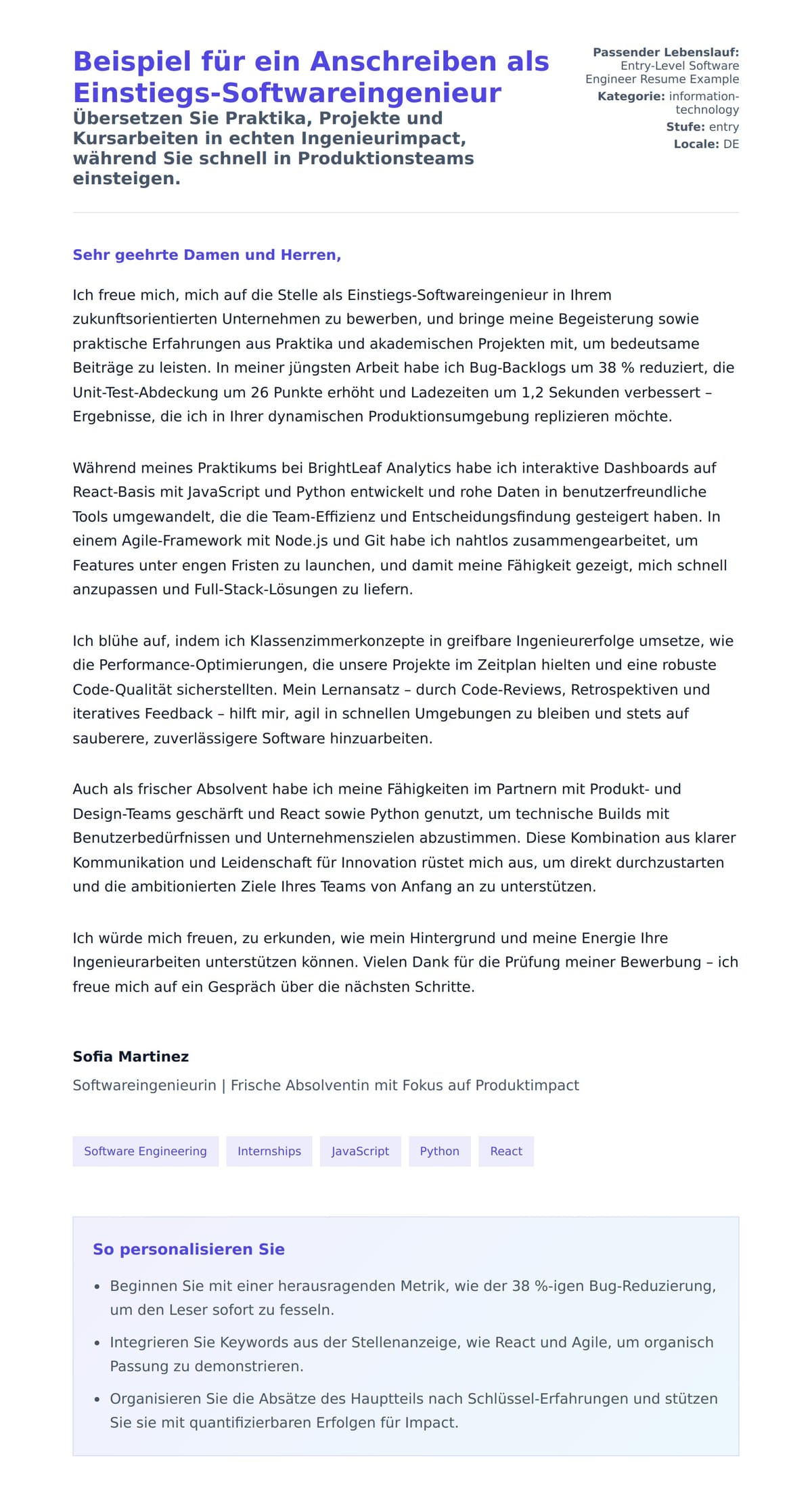 Anschreiben‑Vorschau für Beispiel für ein Anschreiben als Einstiegs-Softwareingenieur