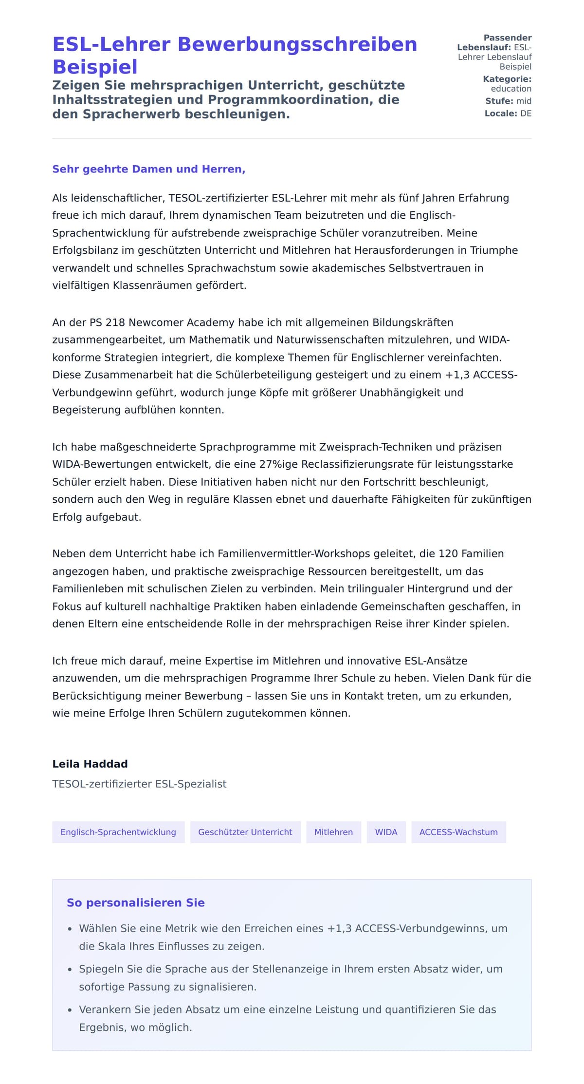 Anschreiben‑Vorschau für ESL-Lehrer Bewerbungsschreiben Beispiel