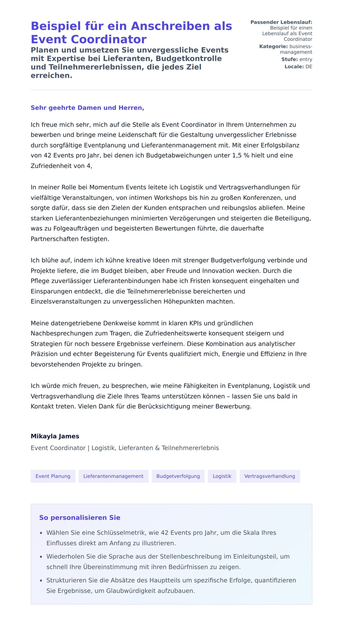 Anschreiben‑Vorschau für Beispiel für ein Anschreiben als Event Coordinator