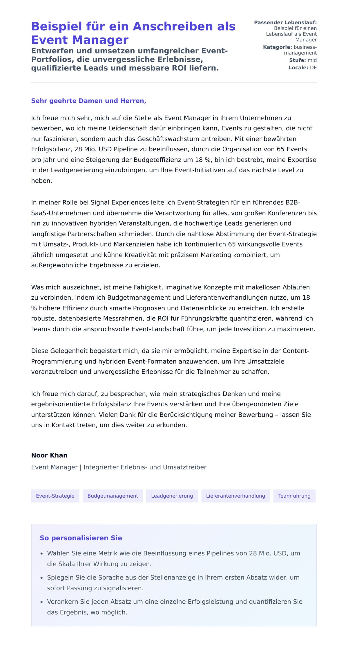 Anschreiben‑Vorschau für Beispiel für ein Anschreiben als Event Manager