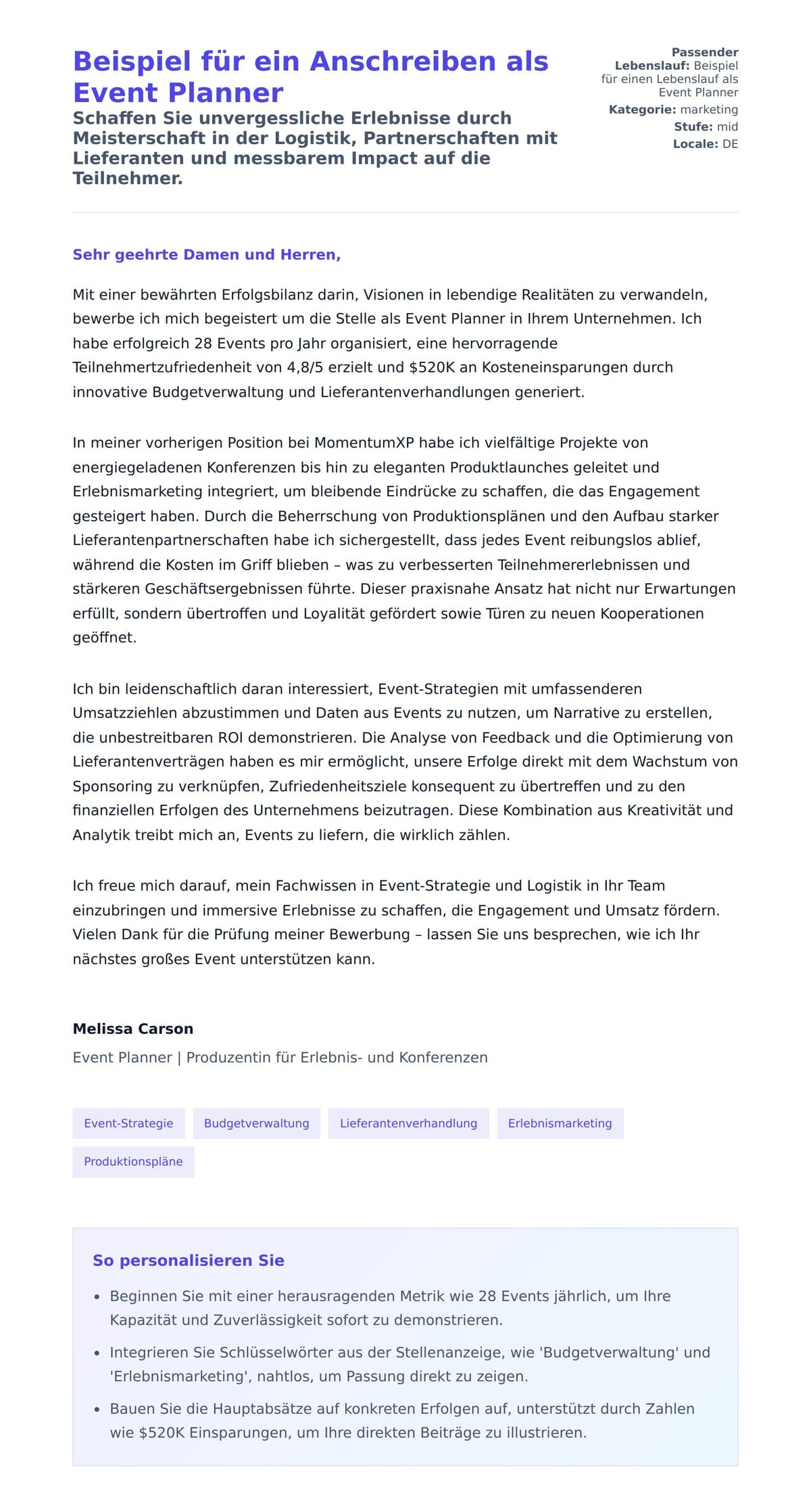 Anschreiben‑Vorschau für Beispiel für ein Anschreiben als Event Planner