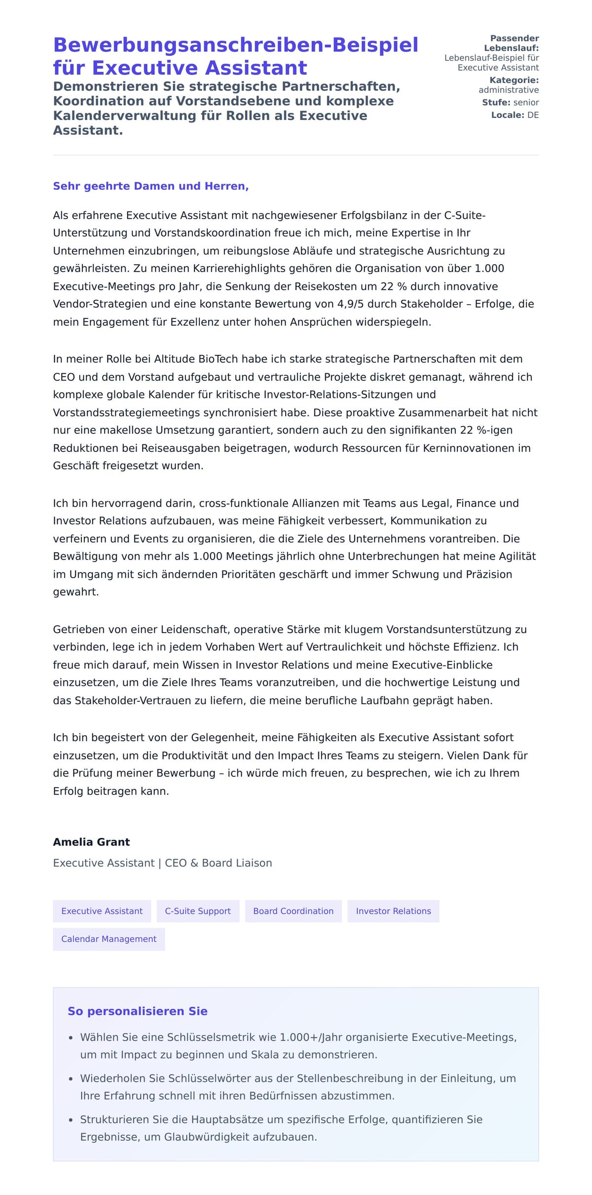 Anschreiben‑Vorschau für Bewerbungsanschreiben-Beispiel für Executive Assistant