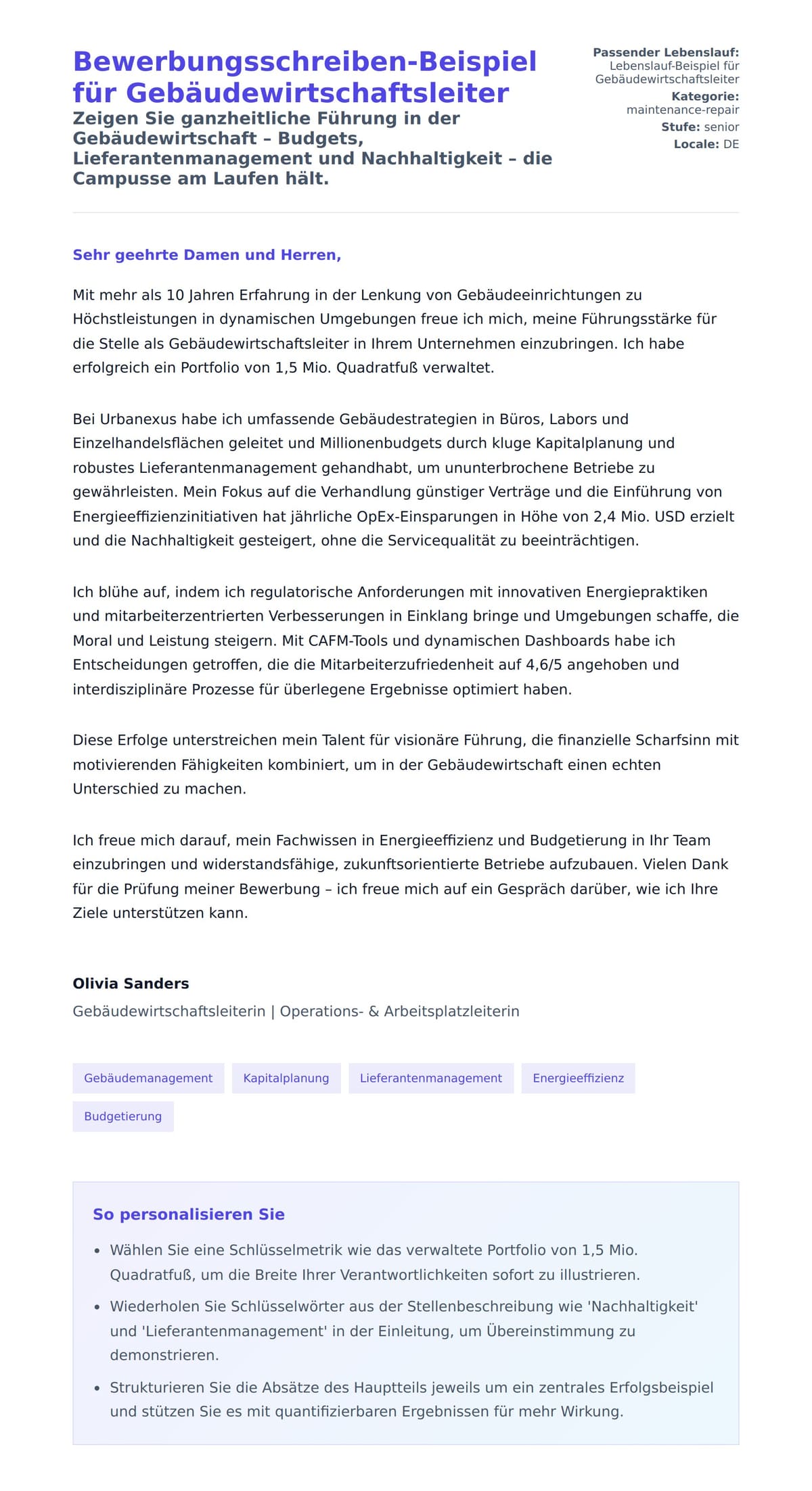 Anschreiben‑Vorschau für Bewerbungsschreiben-Beispiel für Gebäudewirtschaftsleiter