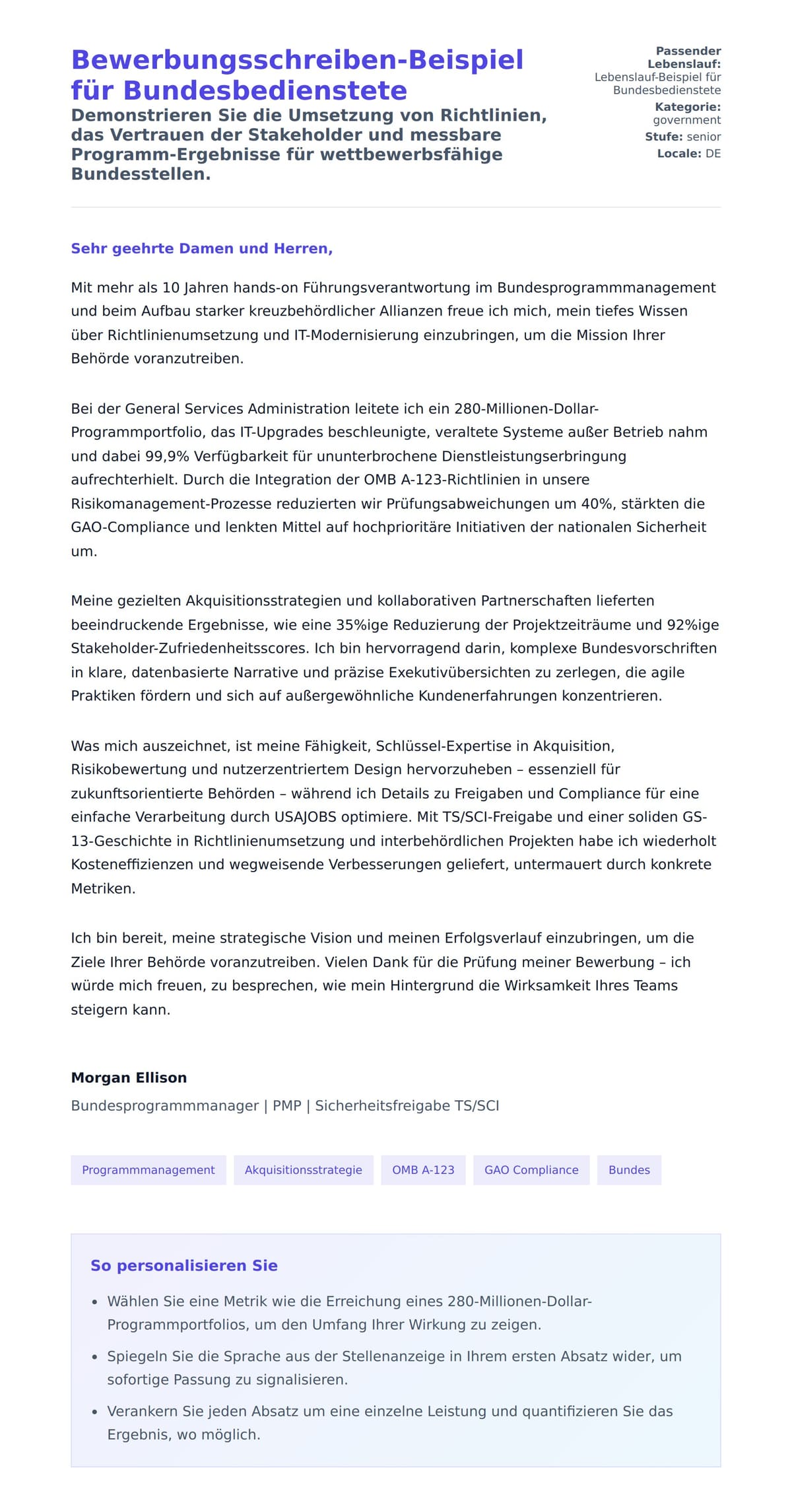 Anschreiben‑Vorschau für Bewerbungsschreiben-Beispiel für Bundesbedienstete