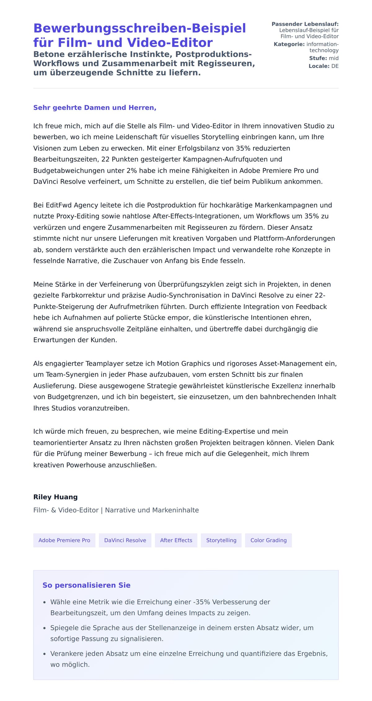 Anschreiben‑Vorschau für Bewerbungsschreiben-Beispiel für Film- und Video-Editor
