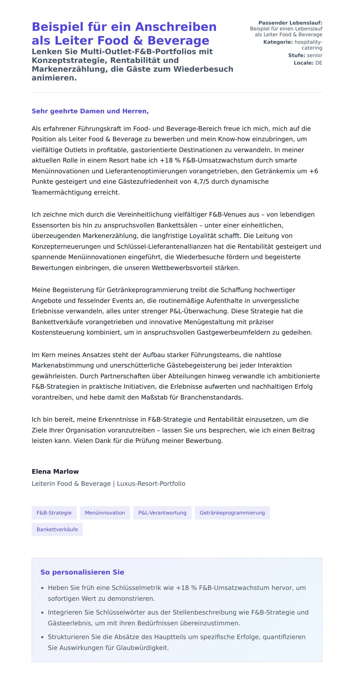 Anschreiben‑Vorschau für Beispiel für ein Anschreiben als Leiter Food & Beverage