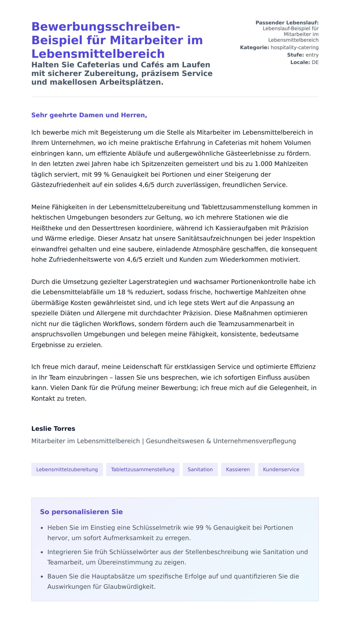 Anschreiben‑Vorschau für Bewerbungsschreiben-Beispiel für Mitarbeiter im Lebensmittelbereich