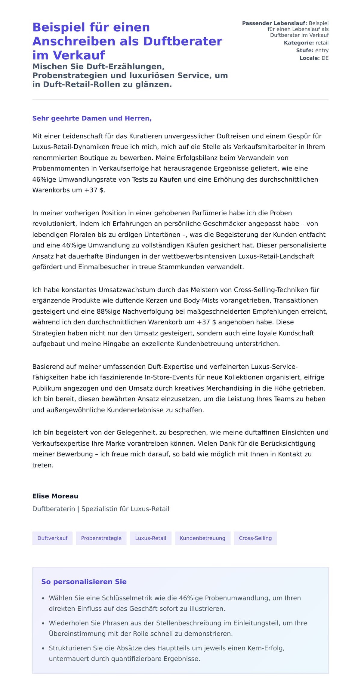 Anschreiben‑Vorschau für Beispiel für einen Anschreiben als Duftberater im Verkauf