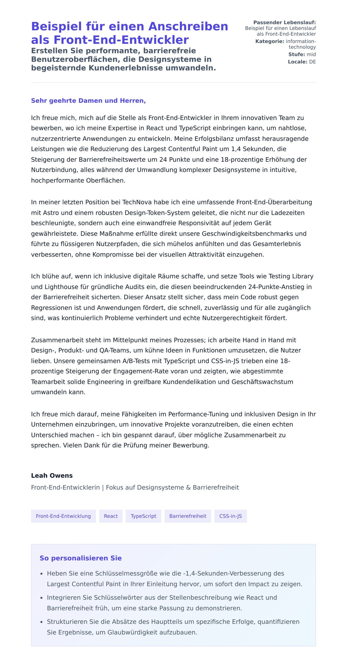 Anschreiben‑Vorschau für Beispiel für einen Anschreiben als Front-End-Entwickler