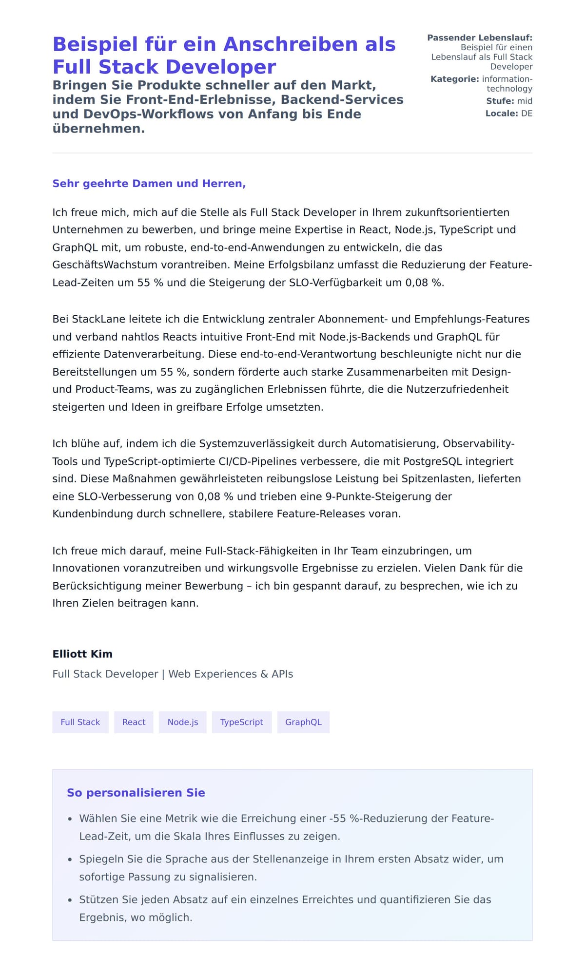 Anschreiben‑Vorschau für Beispiel für ein Anschreiben als Full Stack Developer