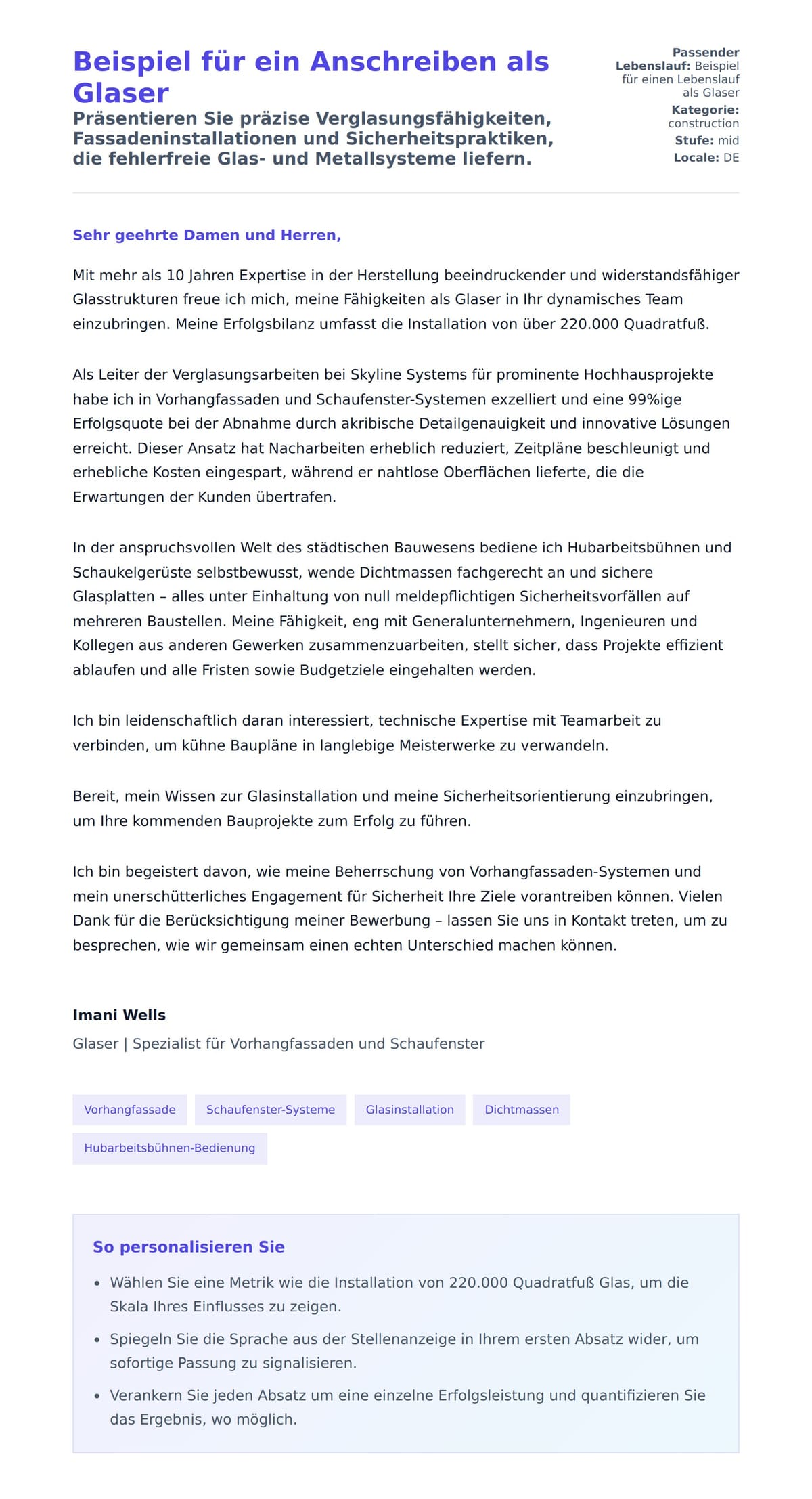 Anschreiben‑Vorschau für Beispiel für ein Anschreiben als Glaser