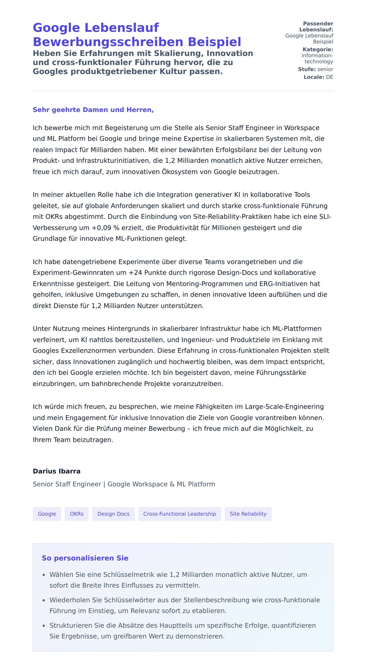 Anschreiben‑Vorschau für Google Lebenslauf Bewerbungsschreiben Beispiel