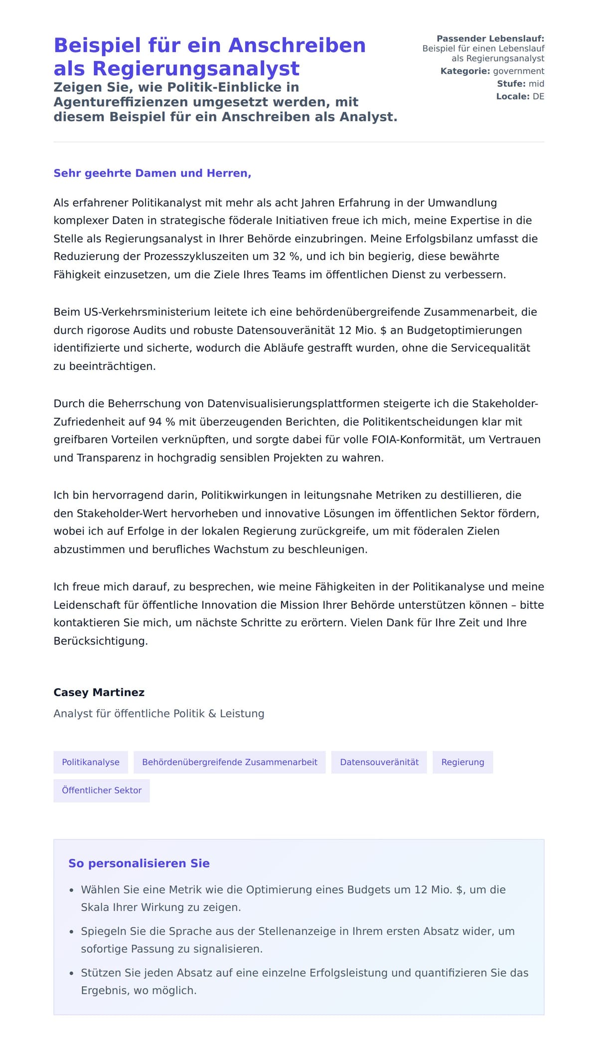 Anschreiben‑Vorschau für Beispiel für ein Anschreiben als Regierungsanalyst