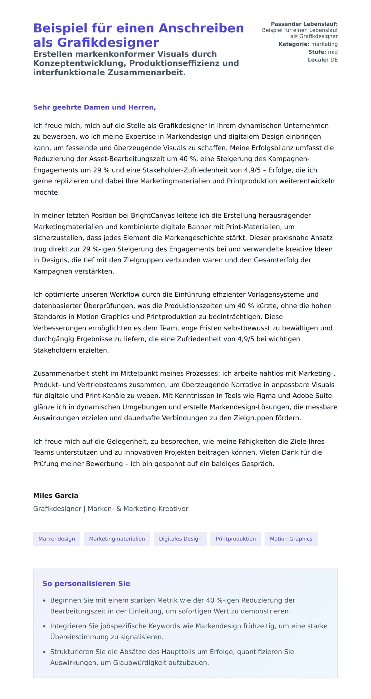 Anschreiben‑Vorschau für Beispiel für einen Anschreiben als Grafikdesigner