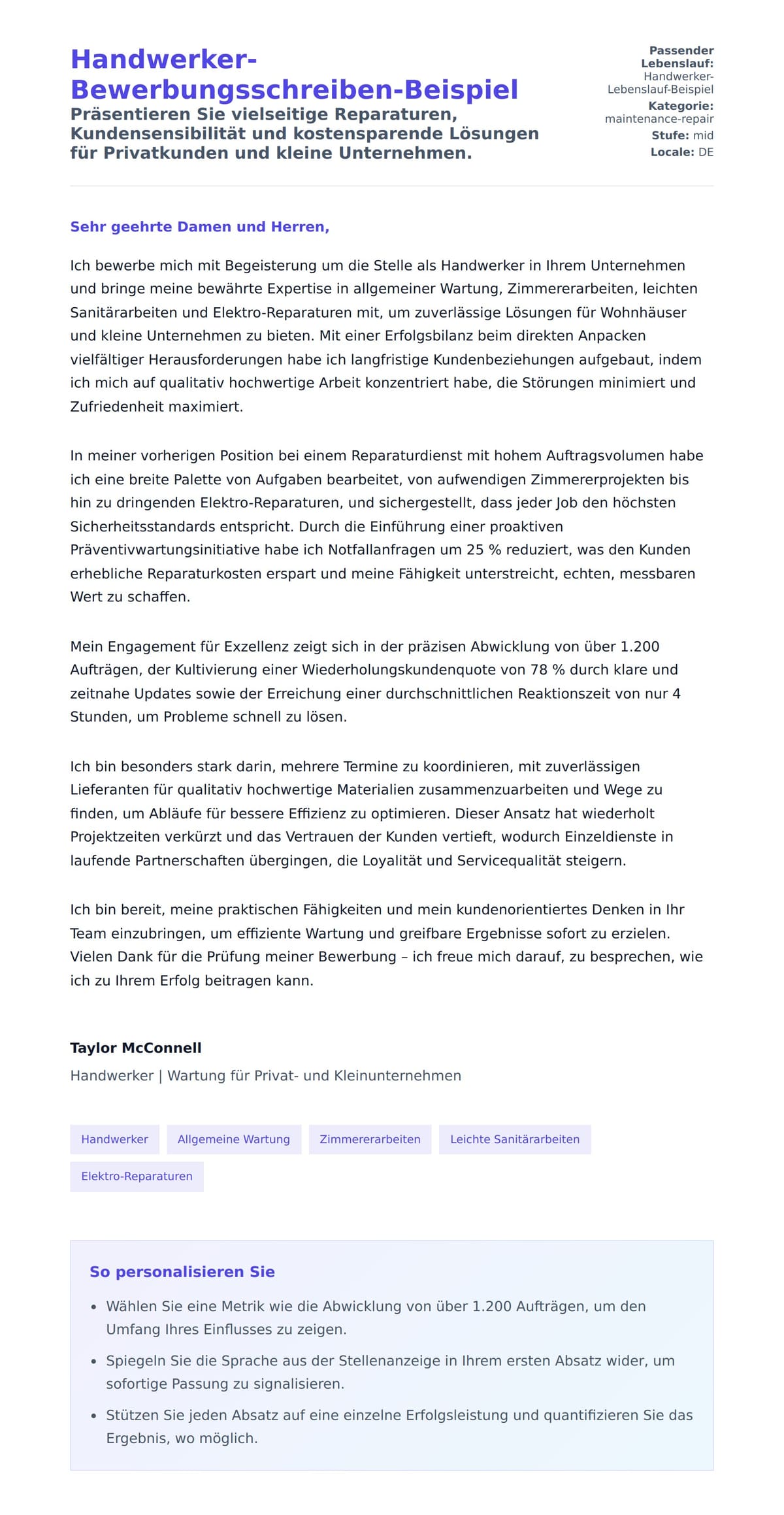 Anschreiben‑Vorschau für Handwerker-Bewerbungsschreiben-Beispiel