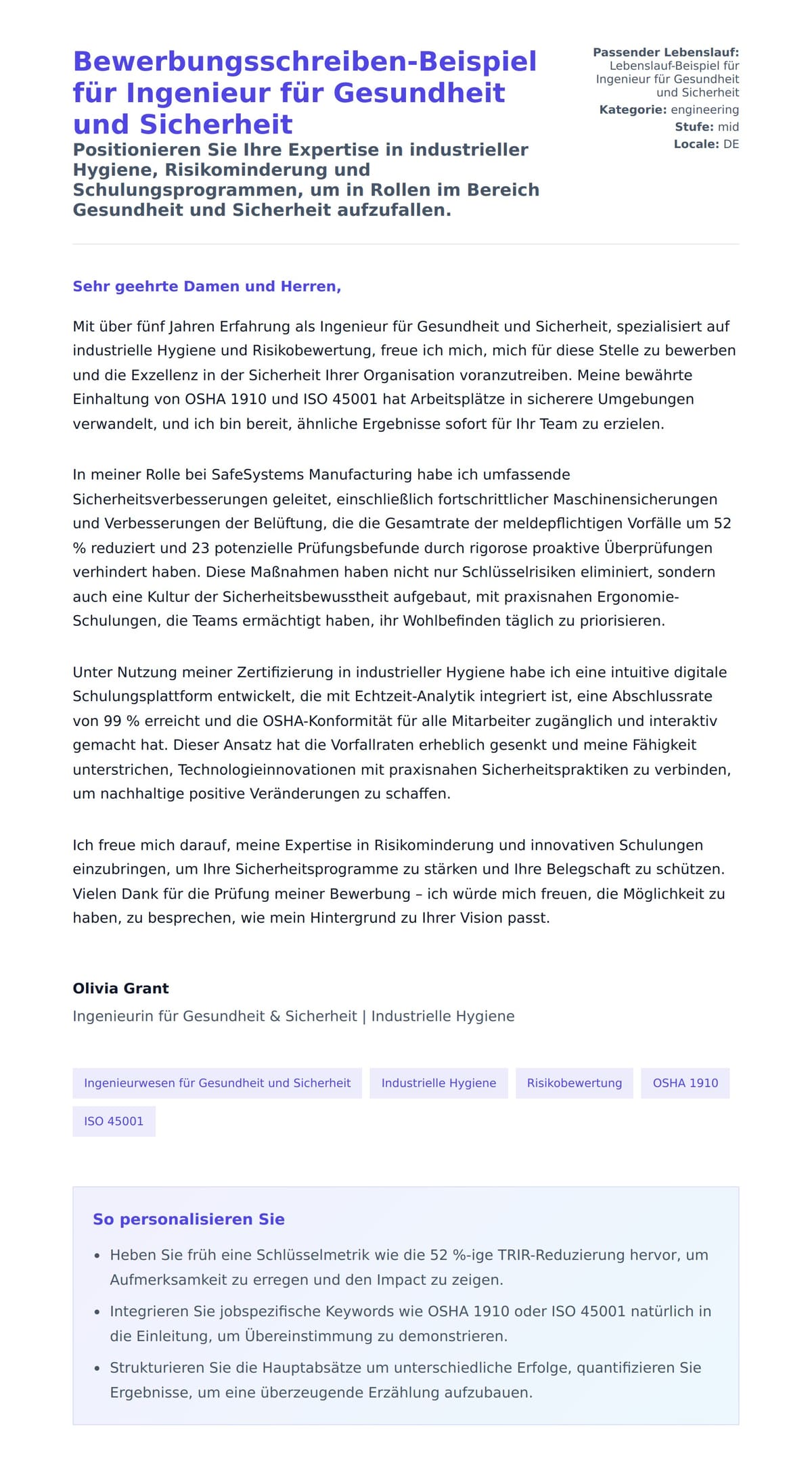 Anschreiben‑Vorschau für Bewerbungsschreiben-Beispiel für Ingenieur für Gesundheit und Sicherheit